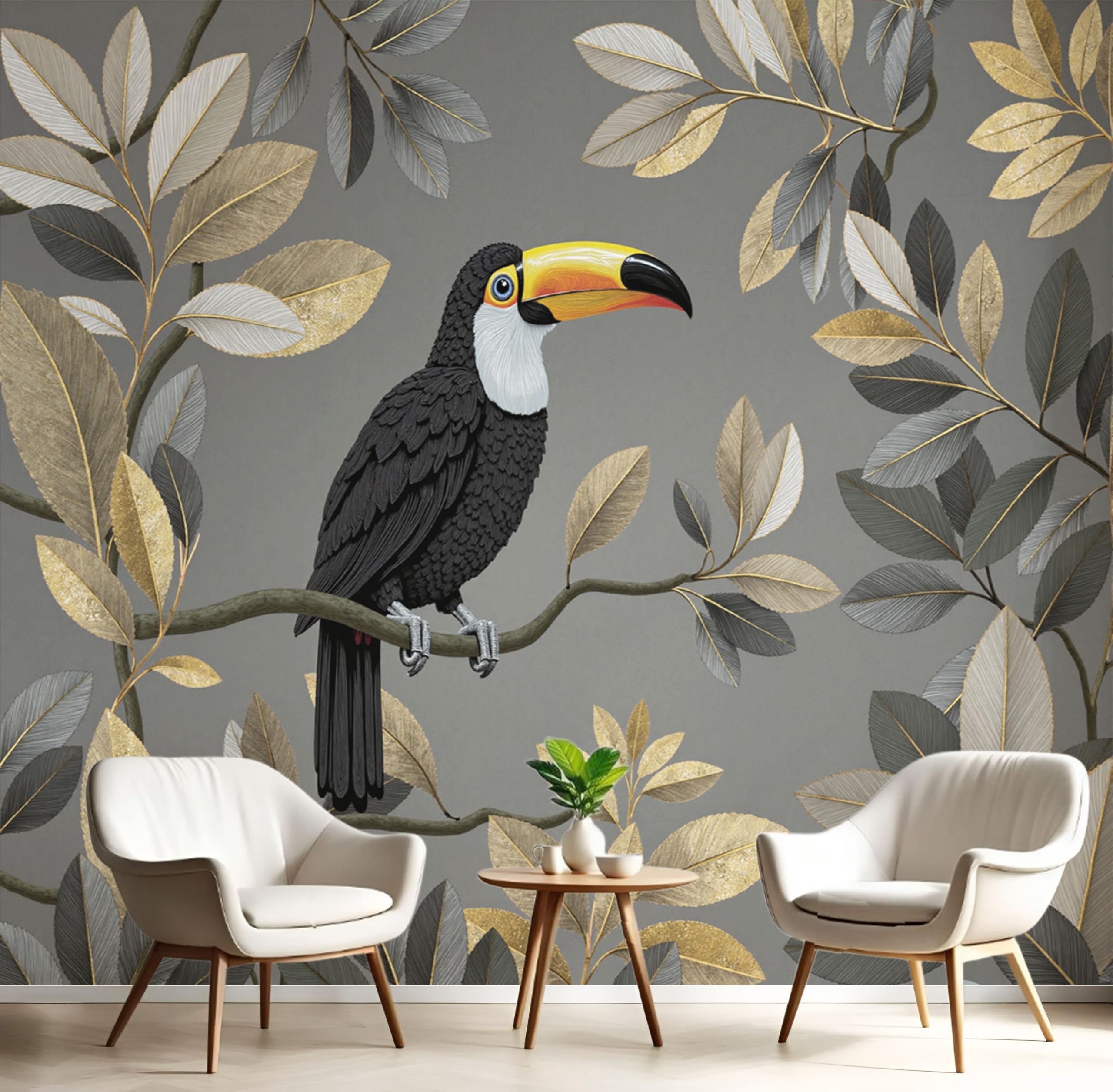 Papier peint panoramique toucan jungle gris pour agrandir un petit salon avec style