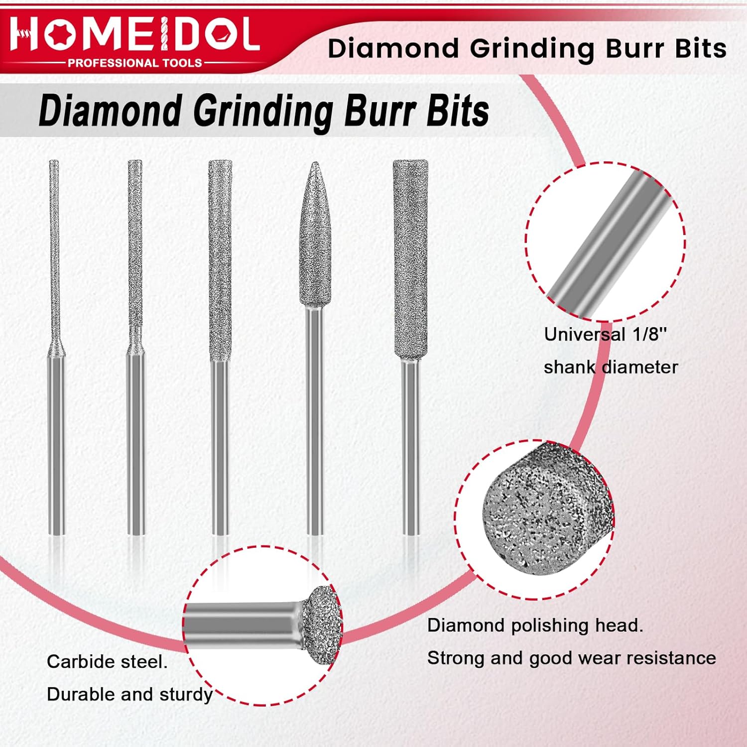 Stone Carving Set Diamond Burr Bits Compatible with Dremel, 11PCS Polishing Kits Rotary Tools Small Long Cone Accessories with 1/8’ Shank For Carving, Engraving, Grinding, Stone, Rocks, Jewelry, Glass
