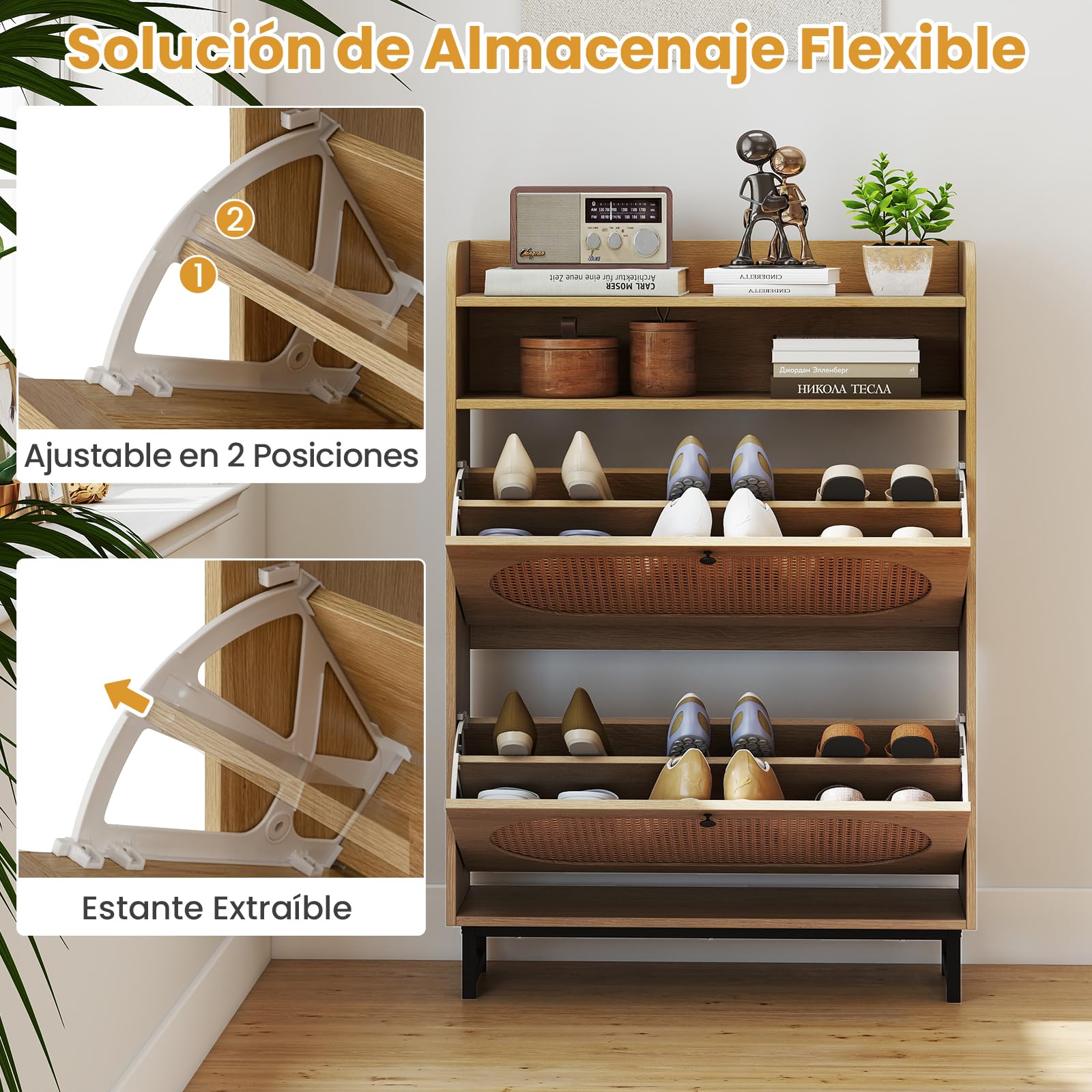 COSTWAY Zapatero Armario con 2 Cajones Abatibles, Mueble Zapatero Estrecho Puertas de Ratán y Patas de Metal, Entrada Recibidor Pasillo, 80 x 24 x 115 cm