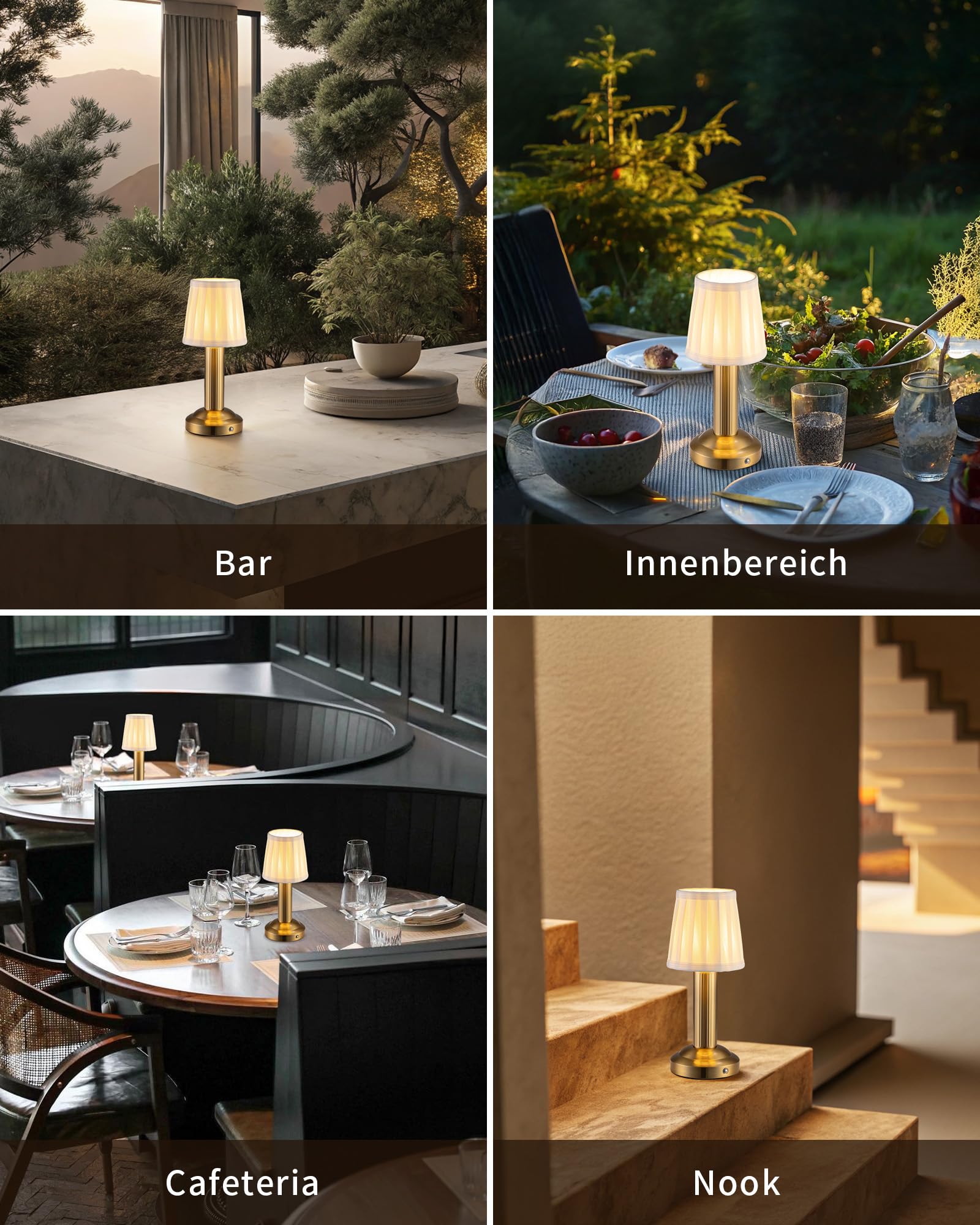 2 lampade da tavolo a LED senza fili, con batteria da 4000 mAh, dimmerabili, vintage, con paralume in tessuto, lampada touch per camera da letto, bar, ristorante (oro).
