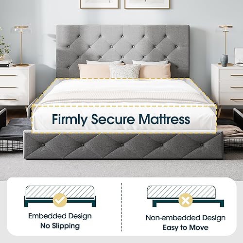 Miniatura 78 de WEEWAY Base de cama de plataforma tamaño Queen con 4 cajones de almacenamiento, cabecera capitonada con botones de costura de diamante, base de