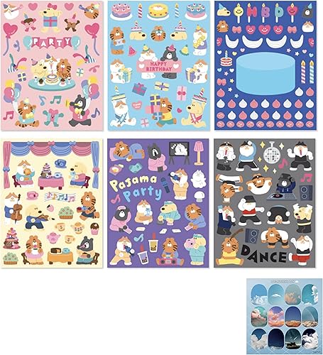 Paquete de calcomanías de papelería estéticas extraíbles kawaii coreanas, 6 hojas temáticas de fiesta (total 150+) y 1 hoja de calcomanías dalgaru