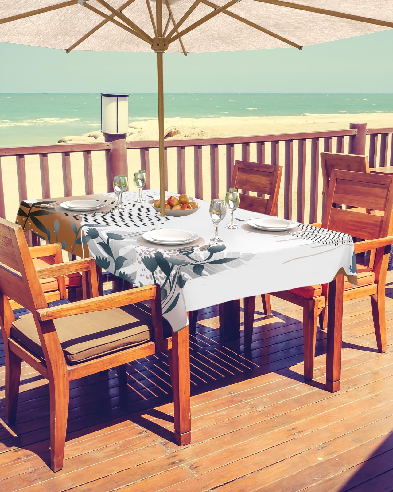 Geometric Eucalyptus Outdoor Tablecloths with Umbrella Hole and Zipper, Waterproof/Stain Resistant Rectangle Table Cloth 60x120 Patio Table Cover for Picnic Bohemian Leaves Modern Minimalist White