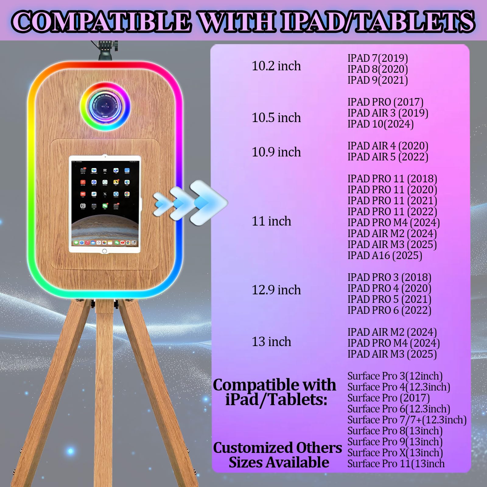 Statyw fotobudka z oświetleniem pierścieniowym kompatybilna z powierzchnią/tabletem/iPadem do fotobudki 25.9 cm-33.0 cm Shell Stand Selfie Photobooth Machine na wydarzenia (odcień drewna, maszyna +