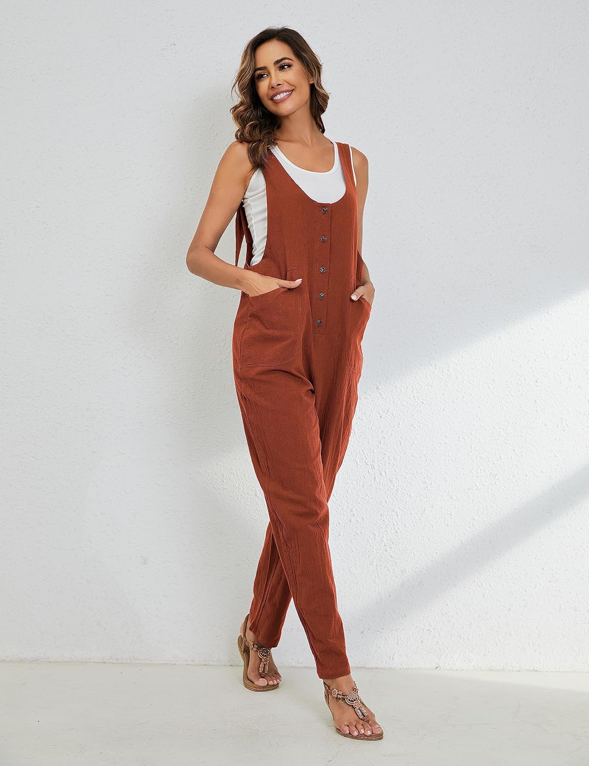 Yeokou Womens Overalls Linen Cotton Jumpsuits Loose Casual Jumpers with Pockets - Image 7