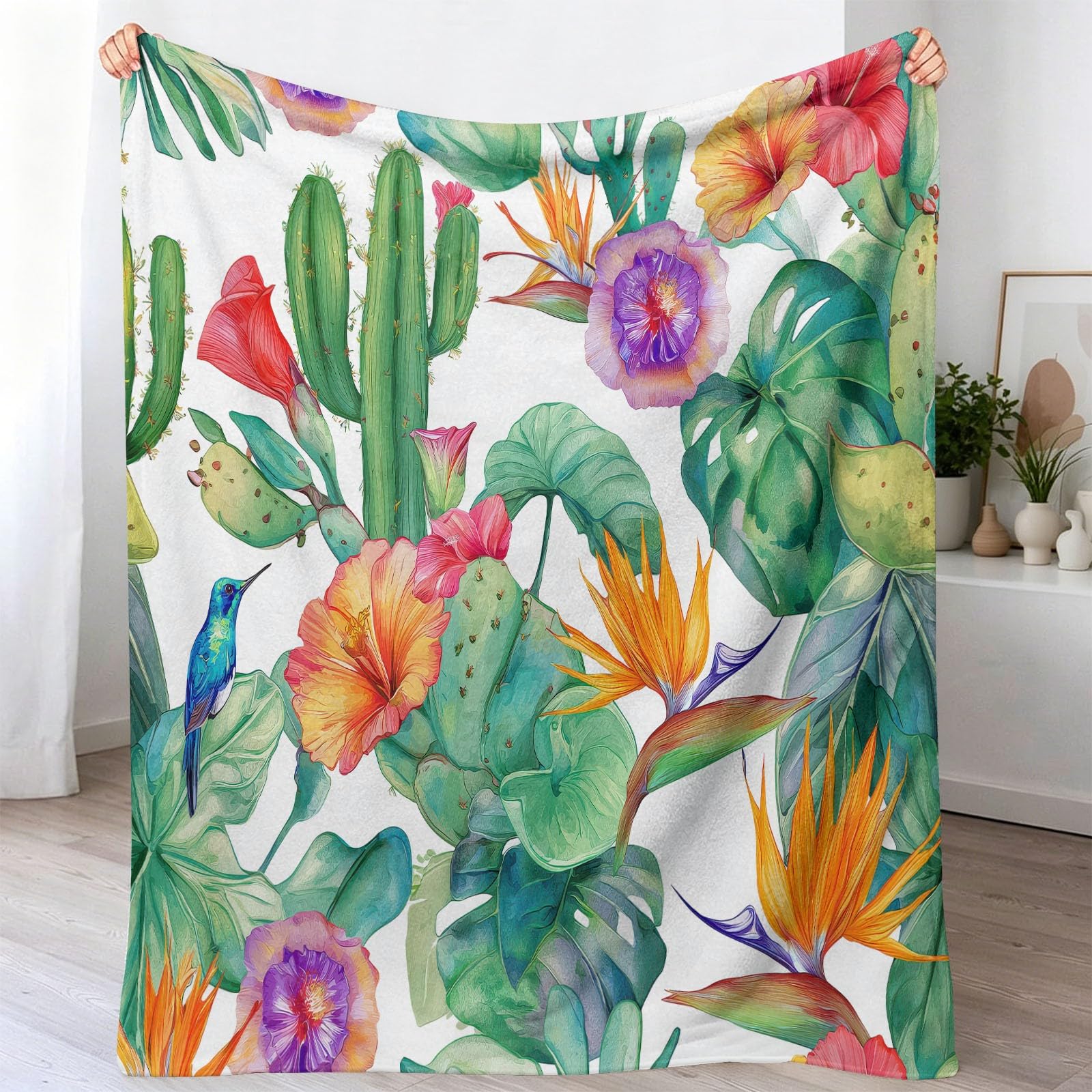 Akwarela Rośliny Koc polarowy 150 x 200 cm, miękki koc Ciepło Wygodny Flanelowy Kaktus Kwiatowy Liście Kaktusa dla dorosłych i dzieci, Koce hipoalergiczne Biały Zielony