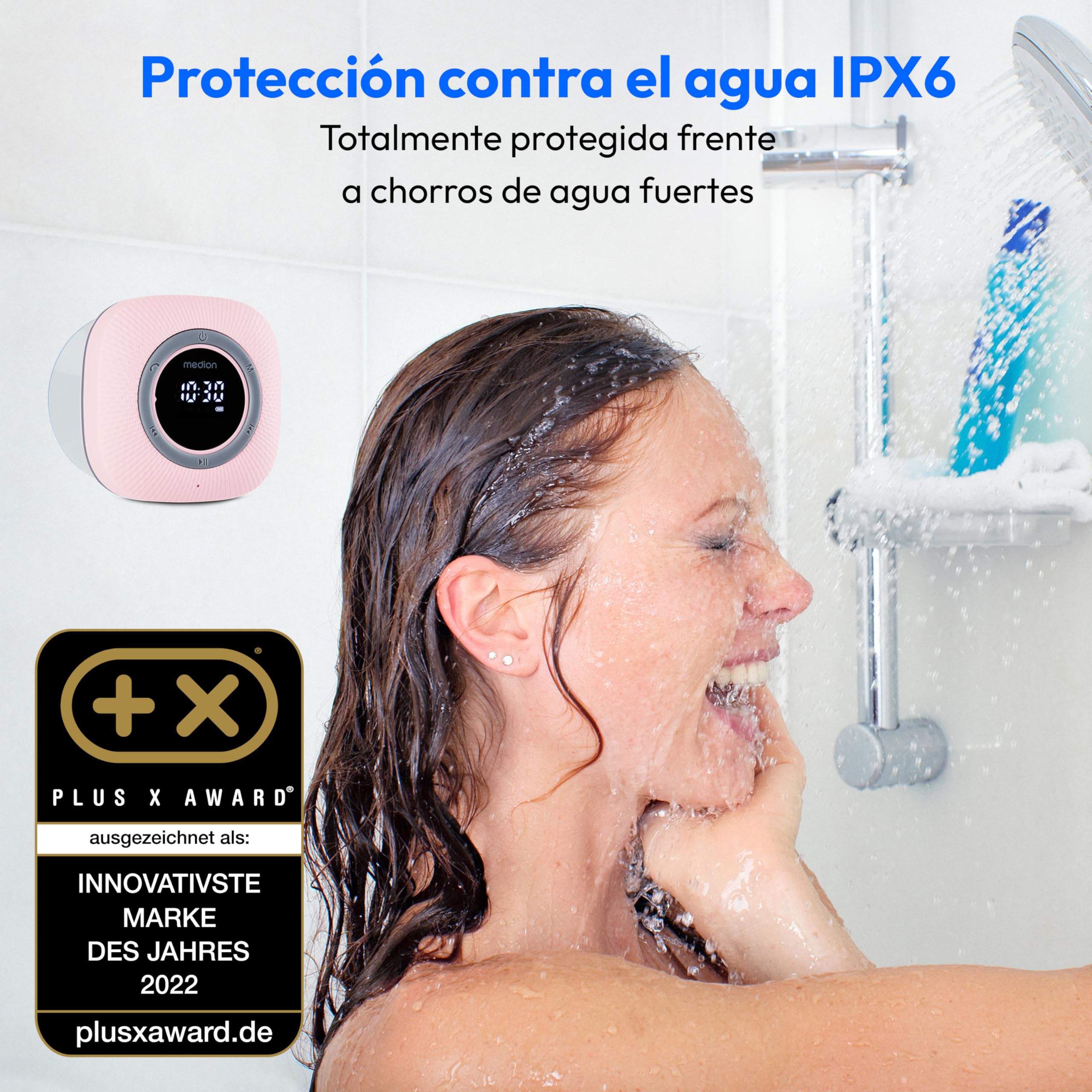 MEDION P66096 Radio de Ducha con Bluetooth (Radio de baño, Radio FM, Ventosa, Pantalla LED, Impermeable IPX6, batería Recargable integrada, MD43884) Rosa