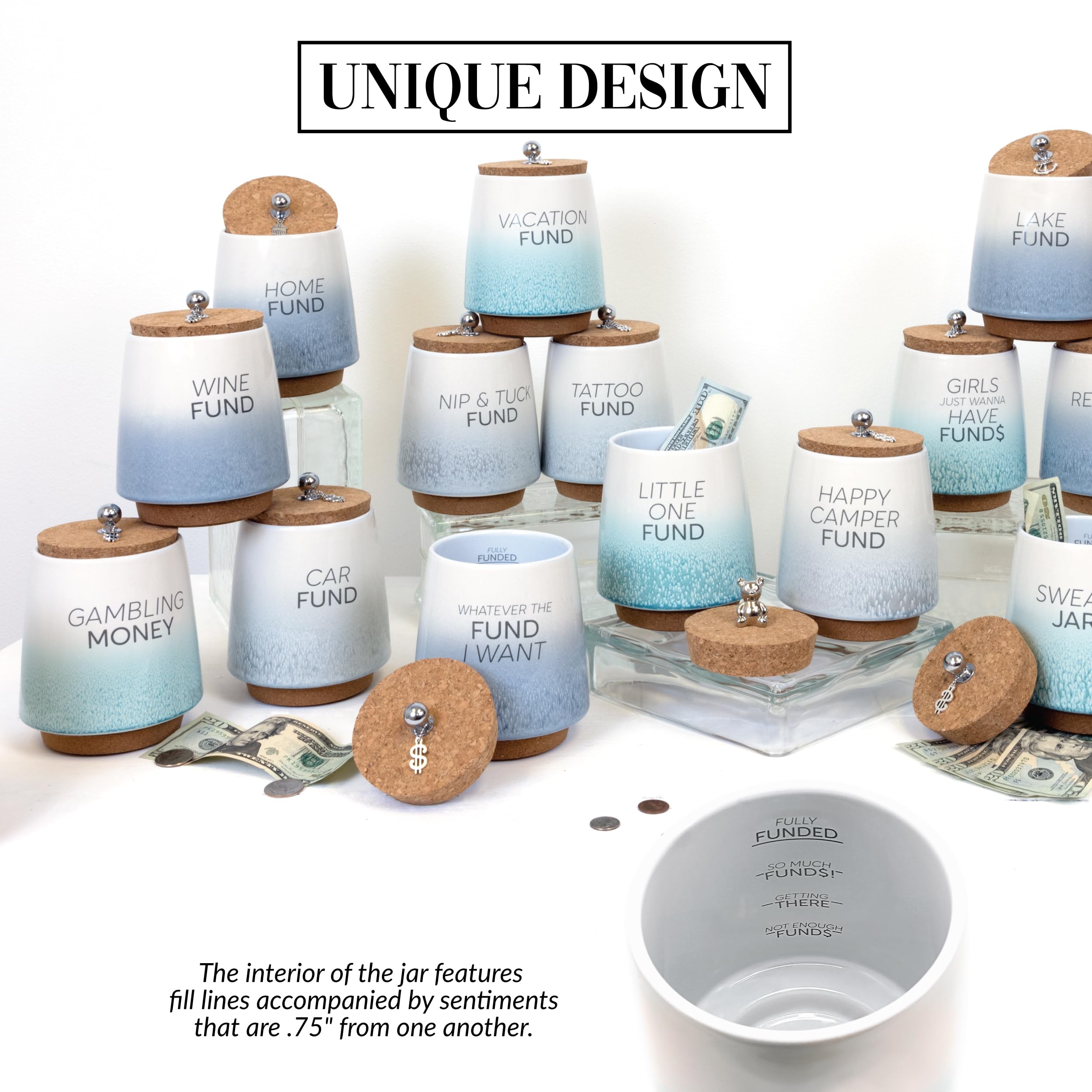 Pavilion Gift Company - Gambling Money 6.5-inch Unique Ceramic Piggy Bank Savings Bank Money Jar with Cork Base and Cork Lid, Ombre Teal