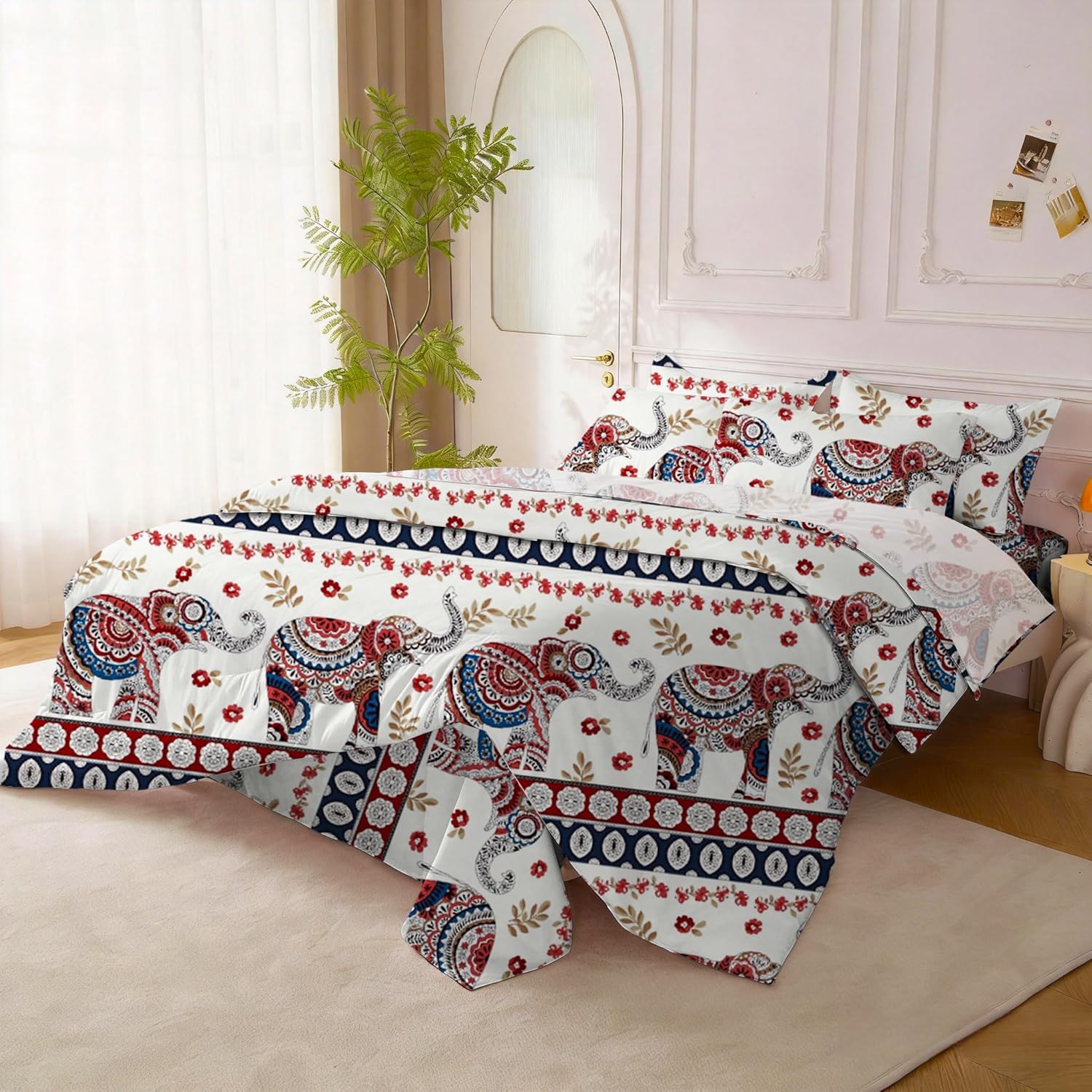 SDY 7Piece Elephant Bedding Set Queen，Safari Bedding for Girls Boys and Kids, with Elephant Comforter, Flat Sheet, Fitted Sheet and Pillowcases & Shams