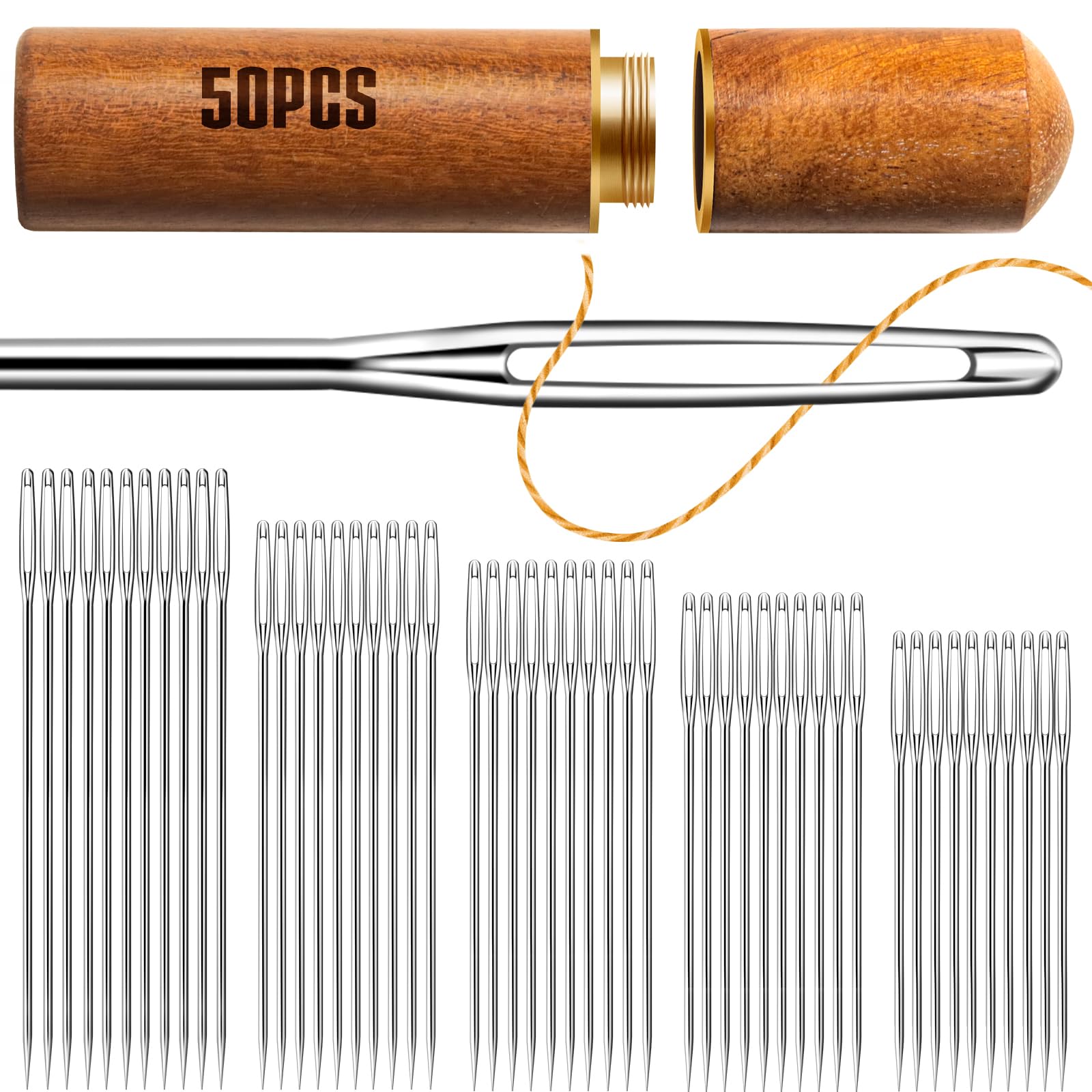 50 PCS Large Eye Embroidery Needles, 5 Sizes, Stainless Steel Yarn Knitting Needles for Hand Sewing (Pointed)