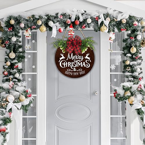 Miniatura 4 de Letrero de puerta de Feliz Navidad para decoración de casa de Navidad, corona al aire libre, granja, rústico, colgante para puerta delantera,