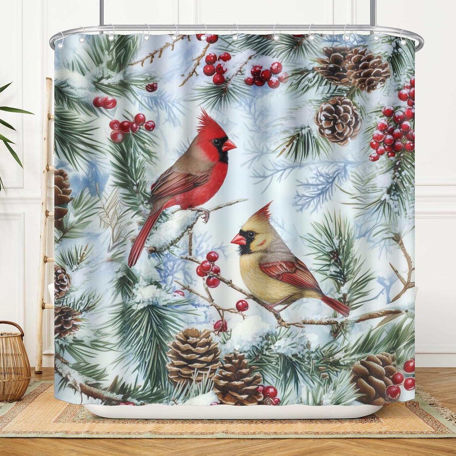 Winter Red Birds Shower Curtain 72x72 Inches,Farmhouse Christmas Snowflake Pine Tree Bird Waterproof Polyester Fabric Bath Curtains Set with Hooks Bathroom Bathtub Home Decor