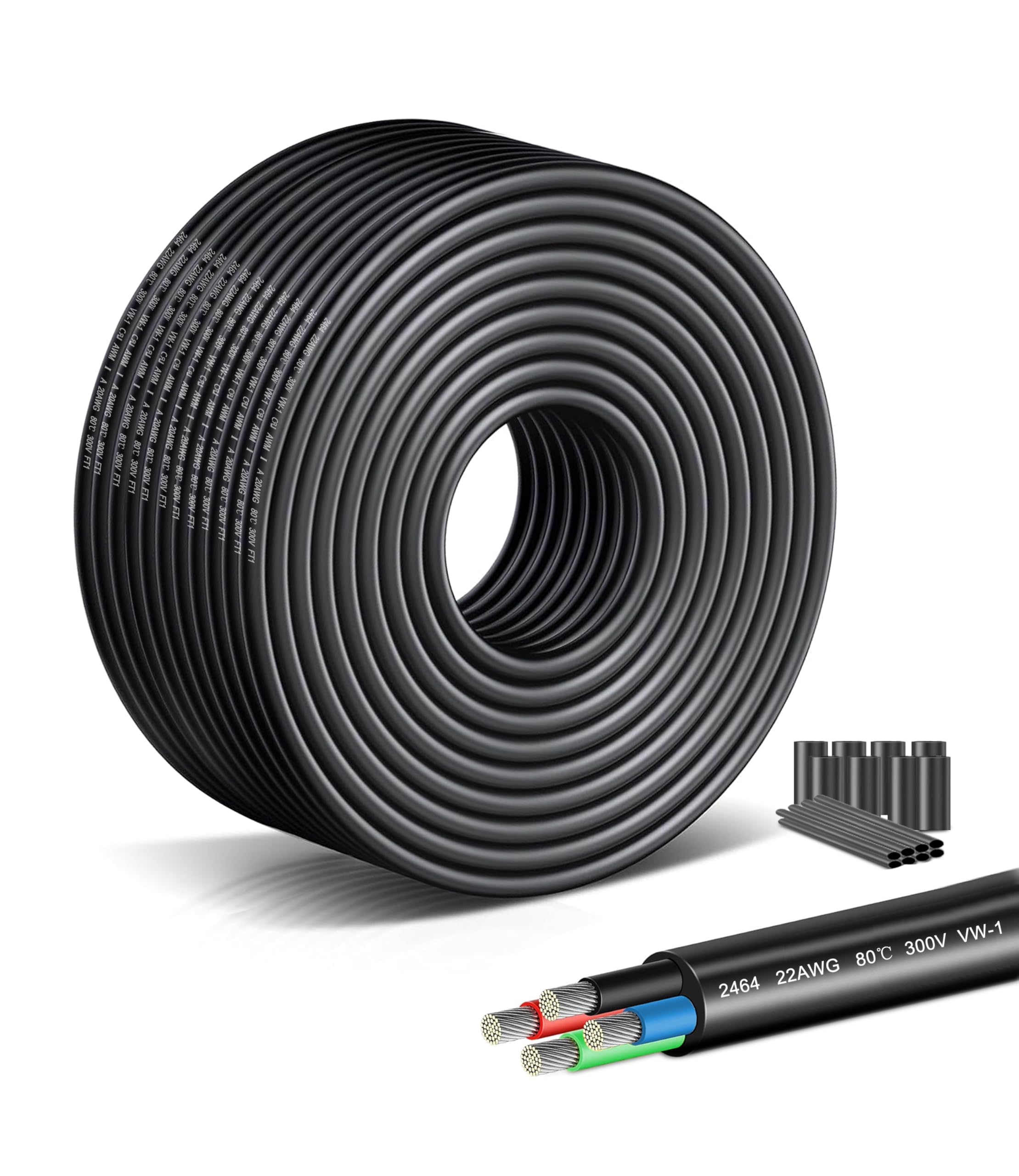 22 Gauge Quad Core Wire - 4x0.3mm² Tinned Copper Conductors, 25M/82.02FT Flexible PVC Cable, High Temperature Resistant (12V/24V/240V) Compatible with Automotive, Solar Panels