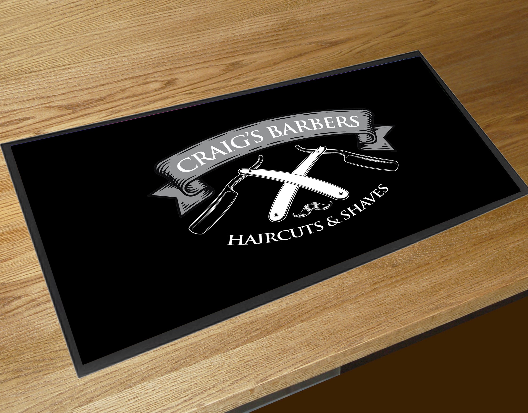 Artylicious Personalised Barbers Shop, Razors Black bar mat Runner Counter mat