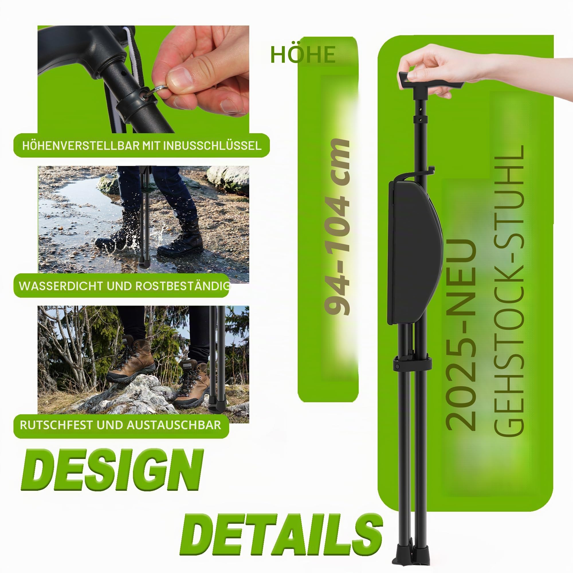 Tragbarer Gehstock mit Sitz, verstellbarer Gehstock mit Sitz, faltbar, leicht, Aluminium, rutschfest, für Erwachsene, 250 kg, Gehstock, Stuhl für Reisen, Wandern, mit Tragetasche