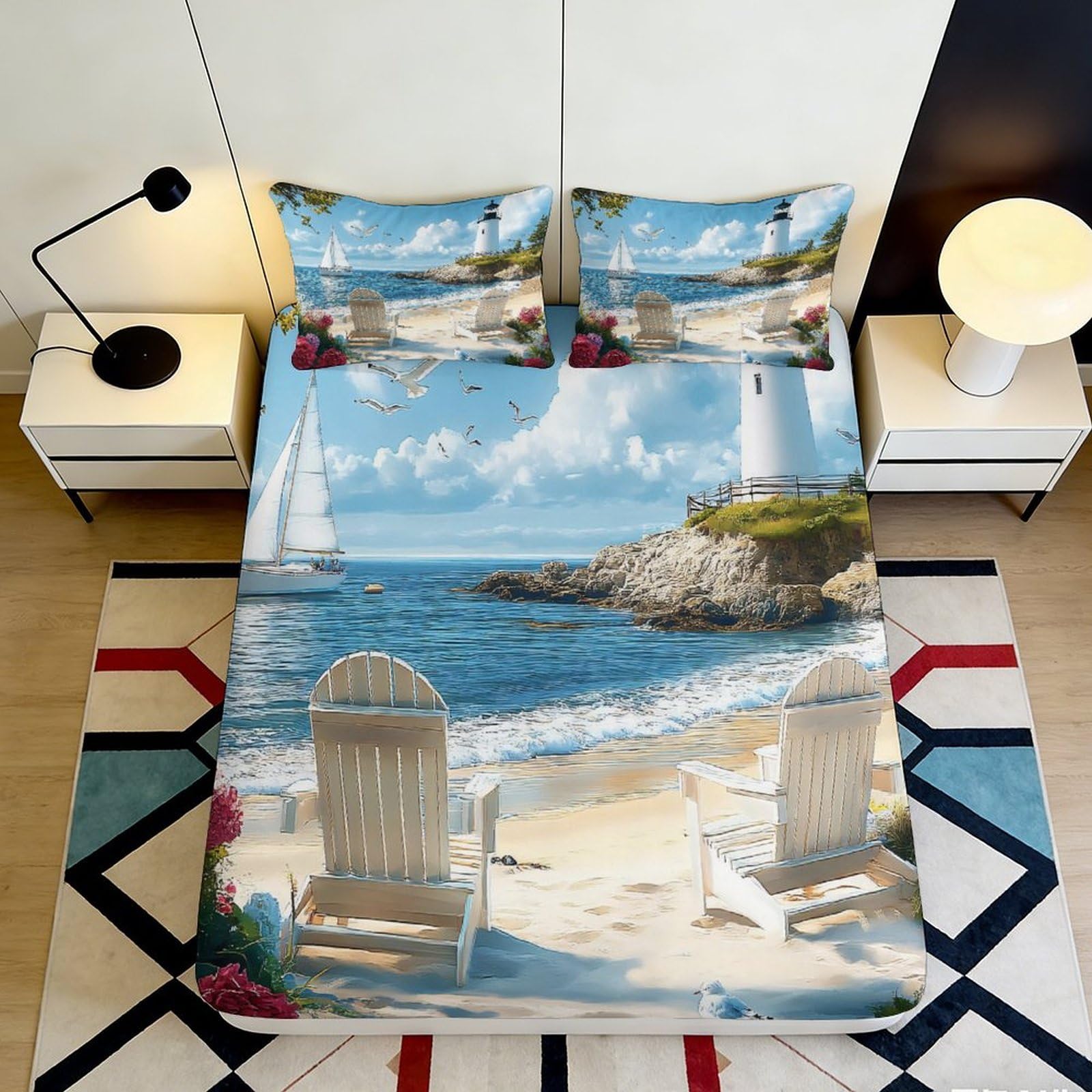 3D Printed Seaside Lighthouse Fitted Sheet Microfiber Soft Beach Sailboat Mattress Cover for Bedroom Guestroom Decor 120x200cm 180x200x25cm