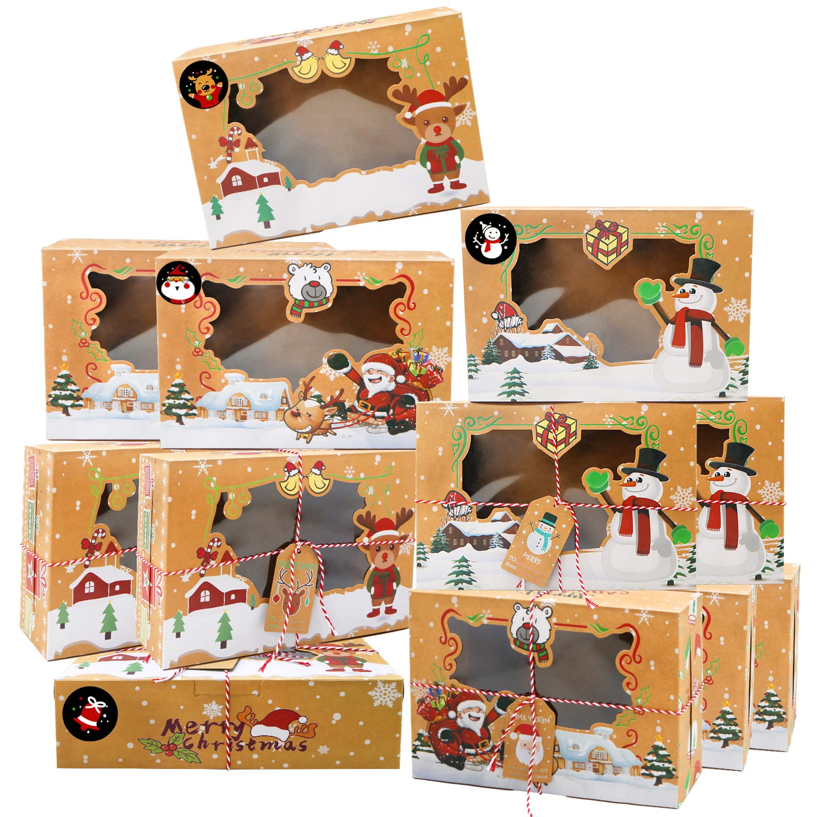 ZMCINER 12 PCS Christmas Cookie Boxes with Window Christmas Bakery Boxes Treat Boxes Baking Boxes for Gift Giving for Pastries, Cupcakes, Brownies, Brown Kraft Bakery Boxes 8.75 x 5.75 x 2.75 Inches