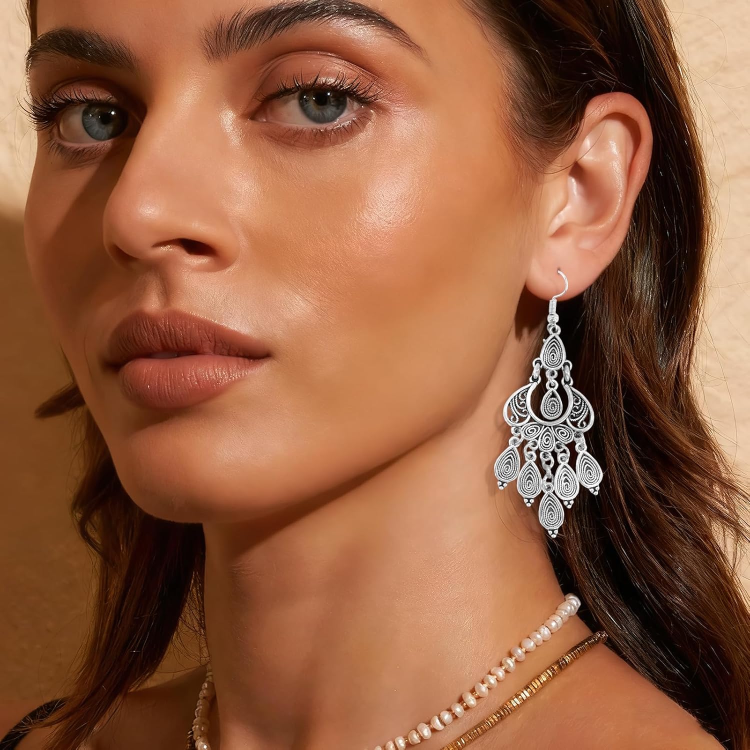 Chandelier Earrings for Women, Bohemian Silver Filigree Drop Earrings - 3 Inch Lightweight Boho Chandelier Earrings with Tassel, Hypoallergenic Statement Jewelry for Wedding & Festival - Image 5