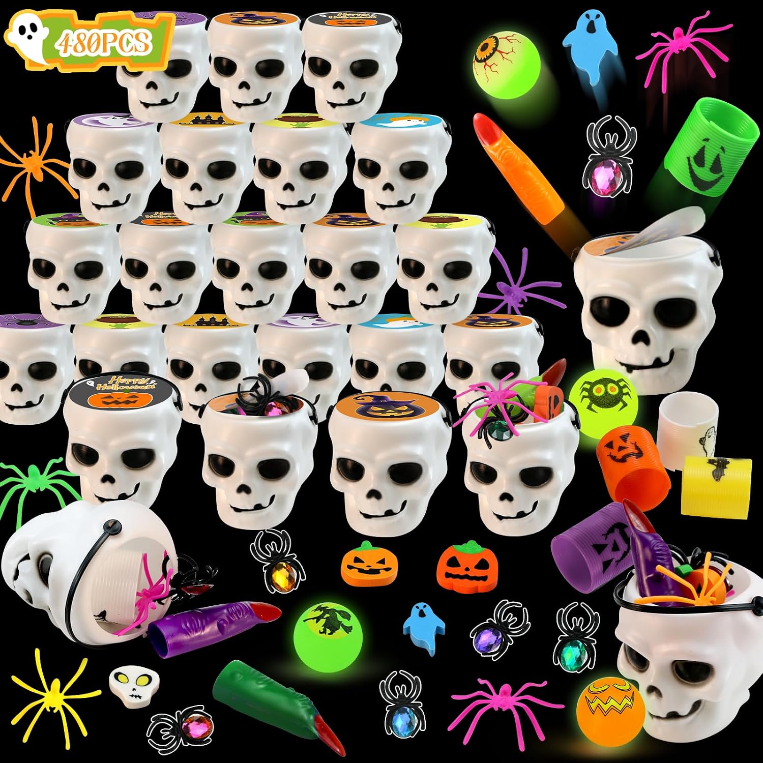 480PCS Prefilled Party Favor Bulk for Kids, 60PACK Prefilled Ghost Cauldrons With 6 Halloween Toys Inside, Goodie Bag Fillers, Prizes Gifts Miniatures for Kids, Trick or Treat