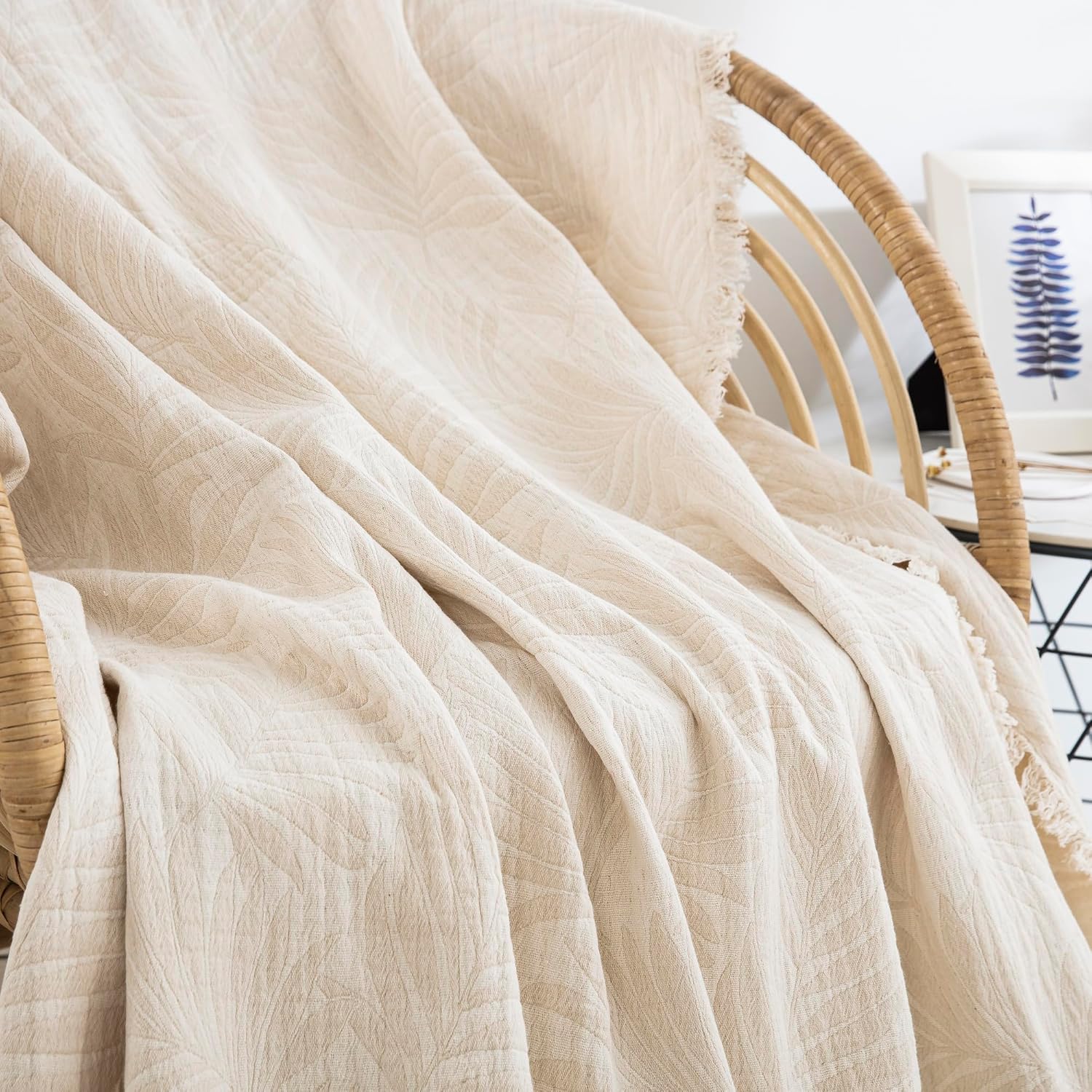 100% Cotton 6 Layers Muslin Throw Blanket, Boho Jacquard Leaf Pattern Gauze Blanket with Fringed, Super Soft Lightweight Reversible Sofa Couch Cover for All Season(Beige, 51" x 67")