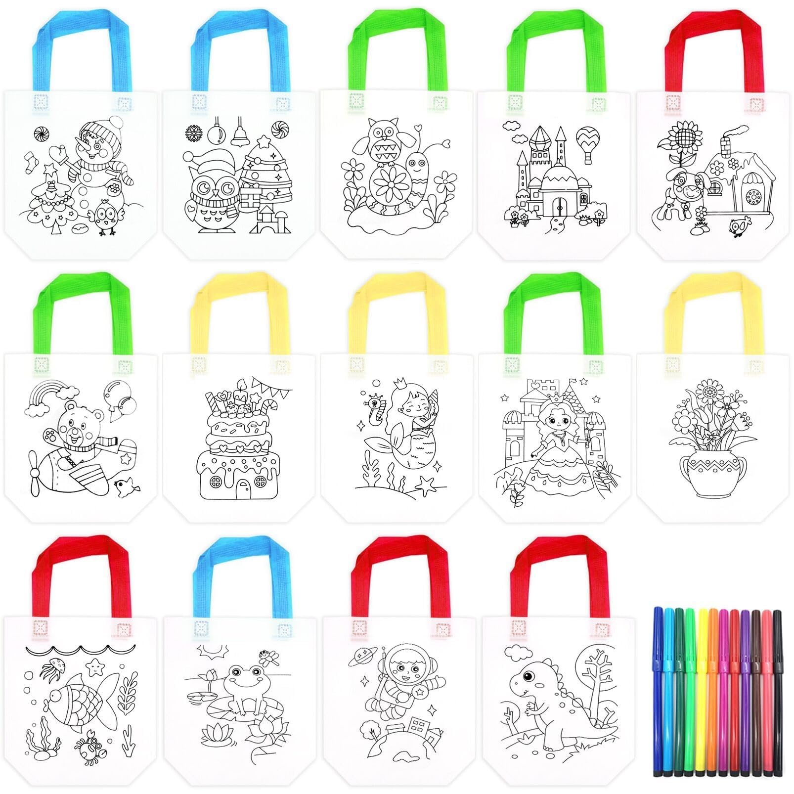 Azonee 14 Pieces Graffiti Bag Non-Woven Kids Birthday Eco Reusable Party Gift Bags Colouring Bags for DIY Schools Painting Party Filling Gifts Favor Bag Graffiti Bag with 12 Colouring Pen