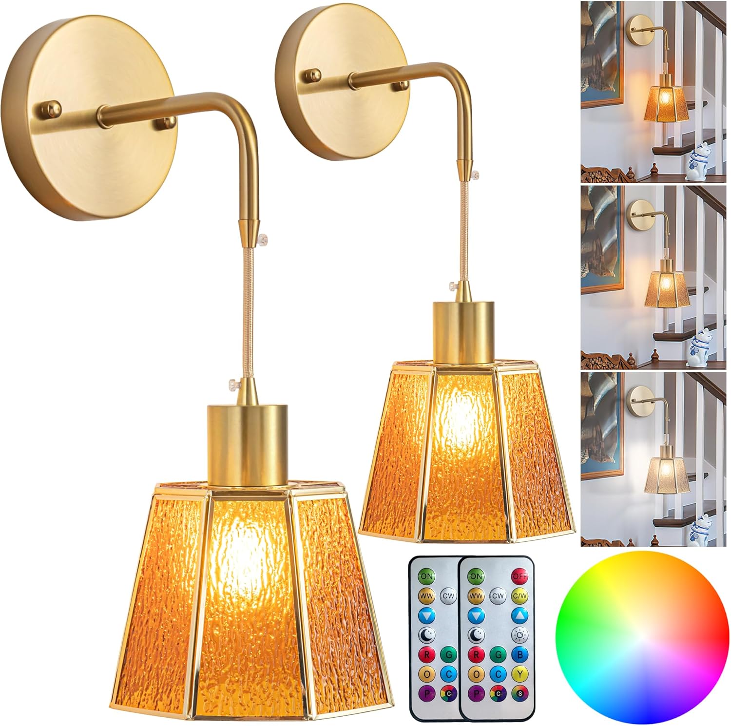 Light Fixture, Wall Sconces Set of 2, Battery Operated, RGB Color Changing, Rechargeable, Ideal for Bedroom, Living Room