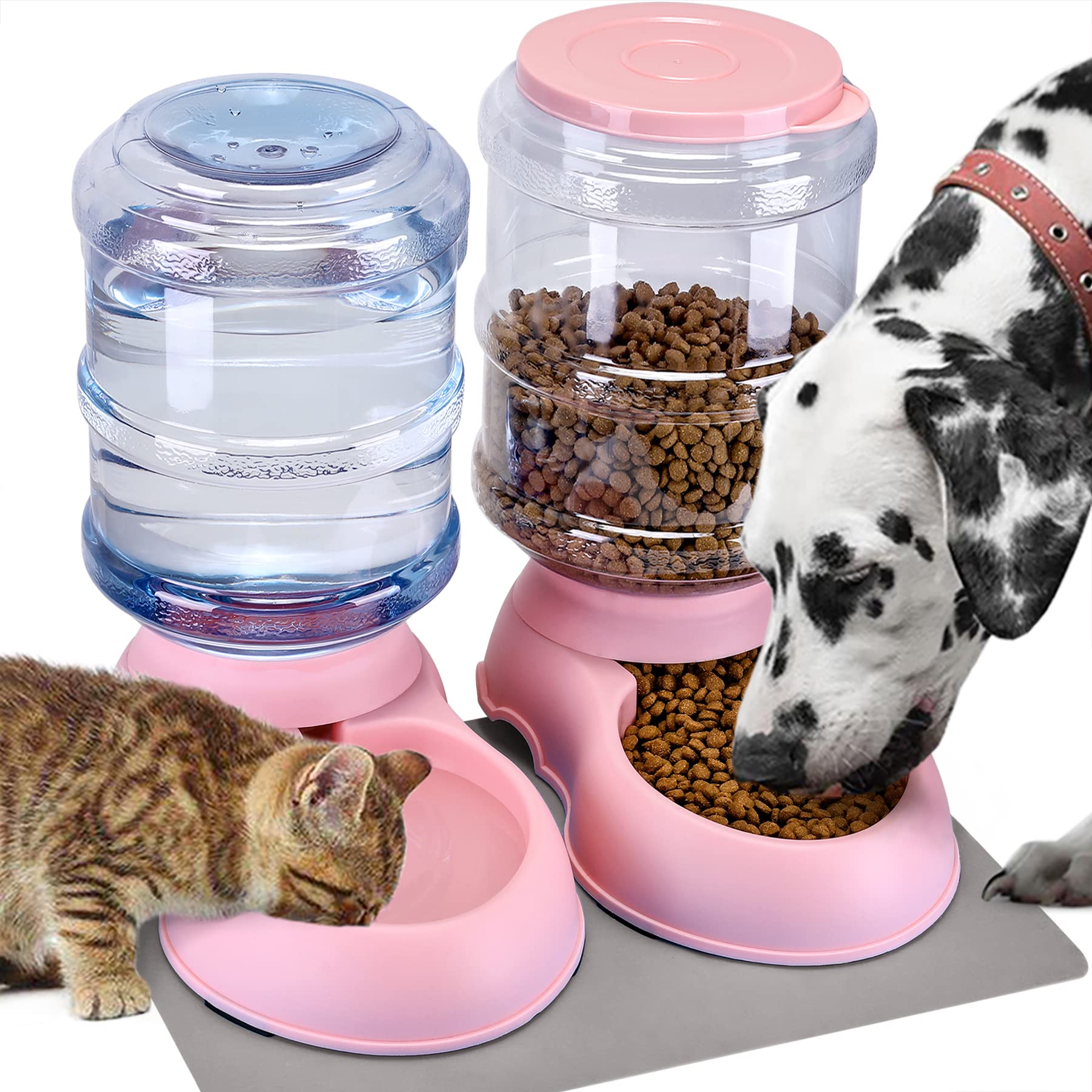 2 Pack Automatic Cat Feeder and Water Dispenser in Set with Pet Food Mat for Small Medium Dog Pets Puppy Kitten Big Capacity 1 Gallon x 2 (2 Pack Pink)