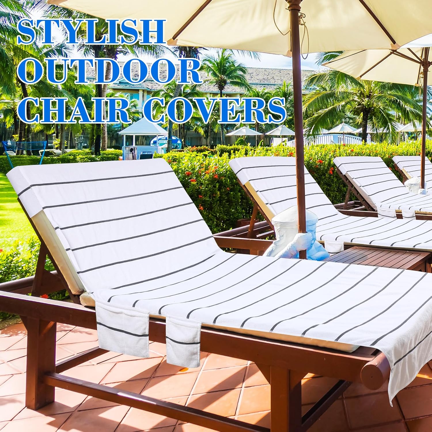 4 Pack Pool Chair Covers Towel Chaise Lounge Cushion Cover with Top and Side Pockets Cotton Oversized Beach Chair Towels for Indoor Outdoor Patio Sunbathing, 85 x 30 Inch (Light Gray)