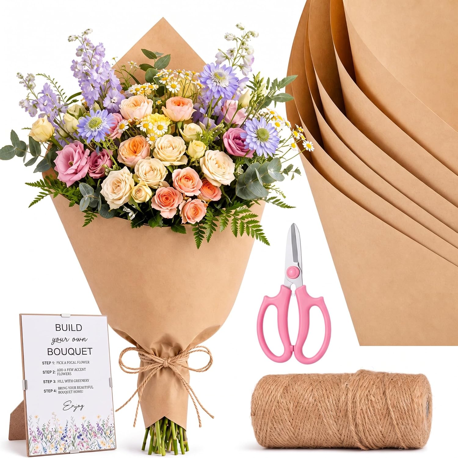 Tinlade 73 Pcs Flower Bar Kit Include Kraft Flower Bouquet Wrapping Bags