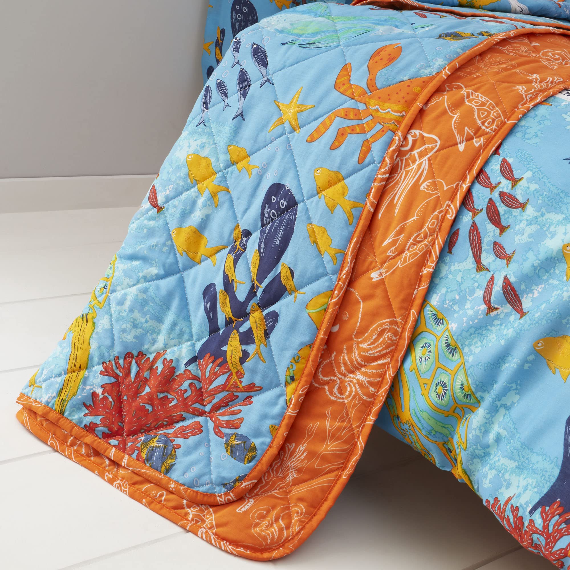 Girls Boys Kids Ocean Friends Sealife Blue Reversible Quilted Throwover