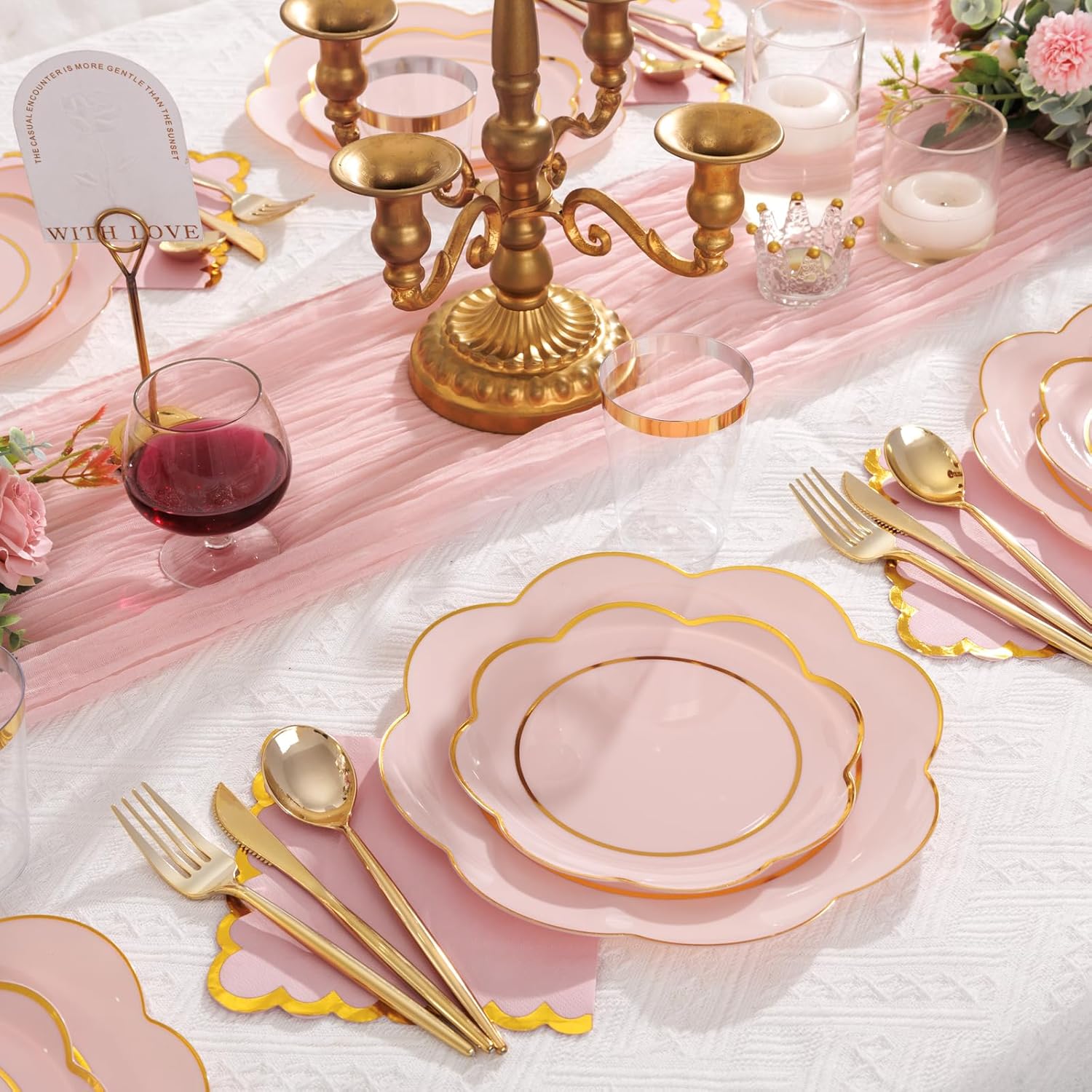WONDERFUL 350PCS Pink Plastic Plates for Party Plates Disposable Heavy Duty Pink Gold Wedding Plate High End Plastic Dinnerware Sets for 50 Guests - Plate and Cups and Wedding Napkins Sets Large Party - Image 2