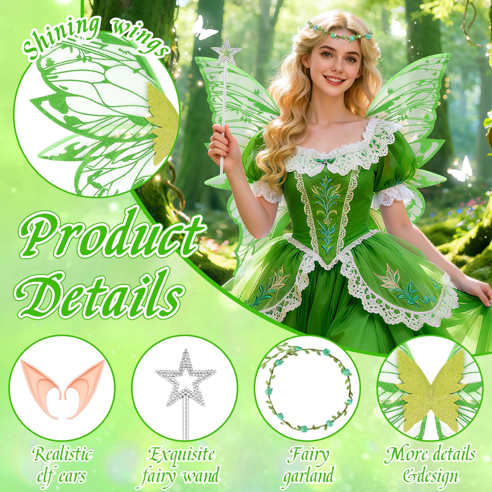 UxClishe 4pcs Fairy Wings Adult Costume Set, Fairy Accessories Fancy Dress with Sparkling Butterfly Wings Floral Headband - Image 3