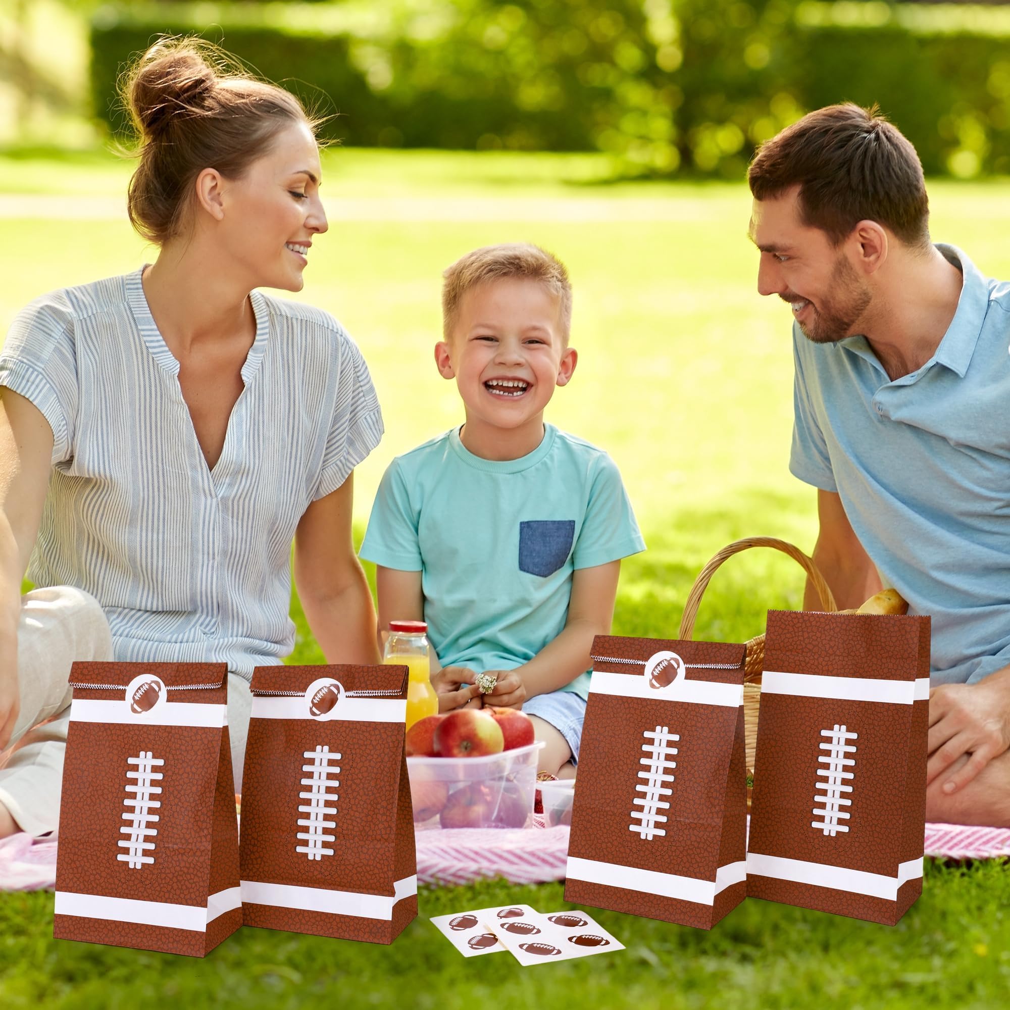 MIMIND 24 Pack Football Party Gift Bags 9.4 x 5.1 x 3.1 Inch Football Goodie Bags with Stickers Paper Treat Bag for Sports Bowl Theme Party Favors