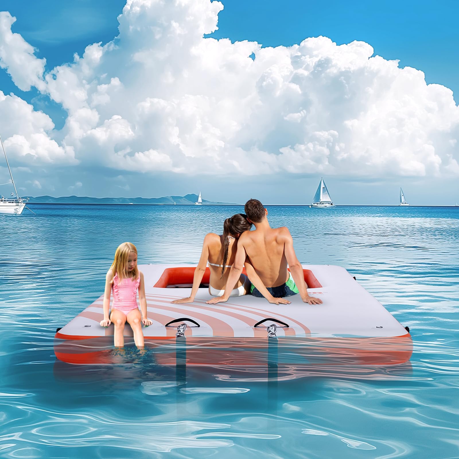 VEVOR Quai flottant gonflable, 4,57 x 1,98 m plate-forme de quai gonflable avec piscine maille 1,21 x 1,82 m, tapis d'eau antidérapante avec sac portable et échelle amovible pour détente piscine plage