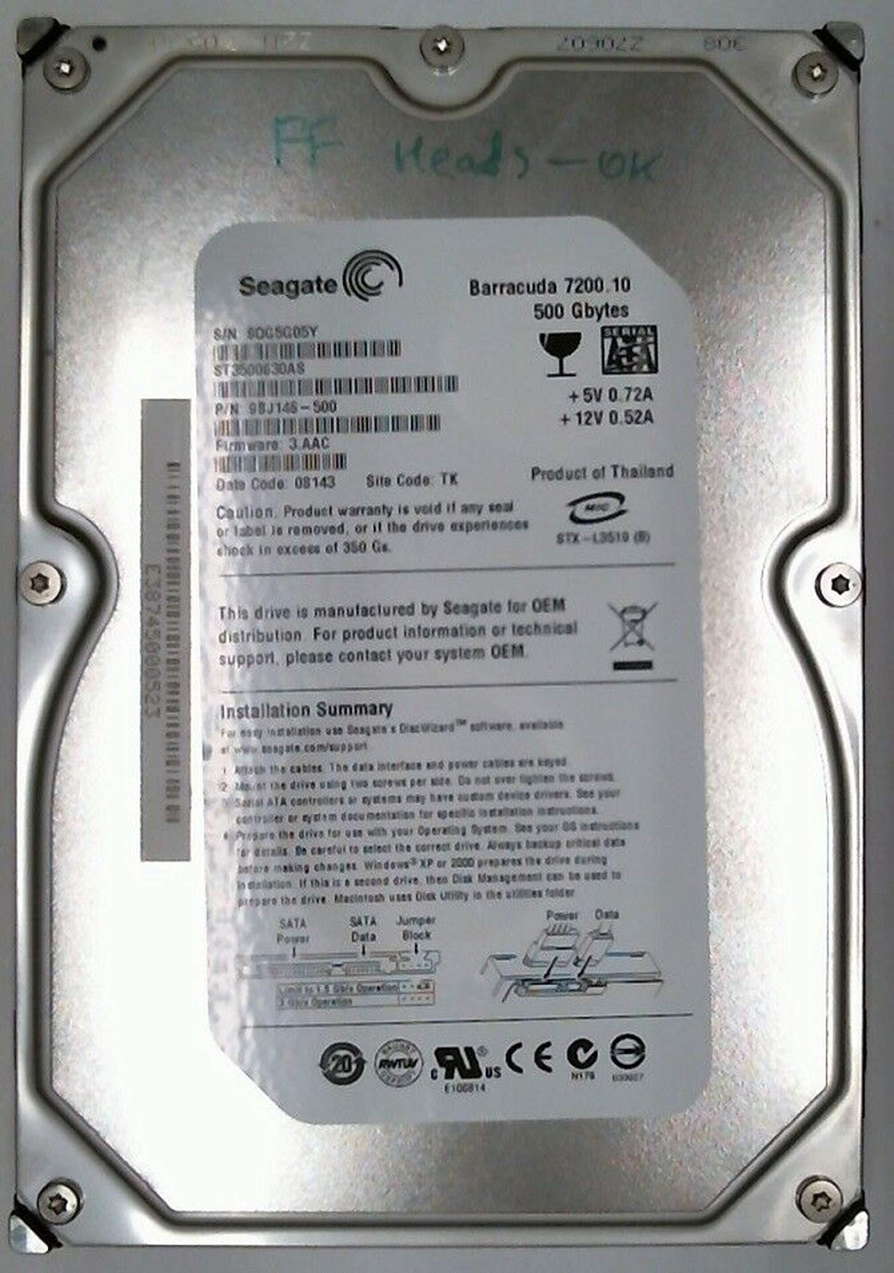 ST3500630AS FW:3.AAC Parts for Data recovery, ersatzteile