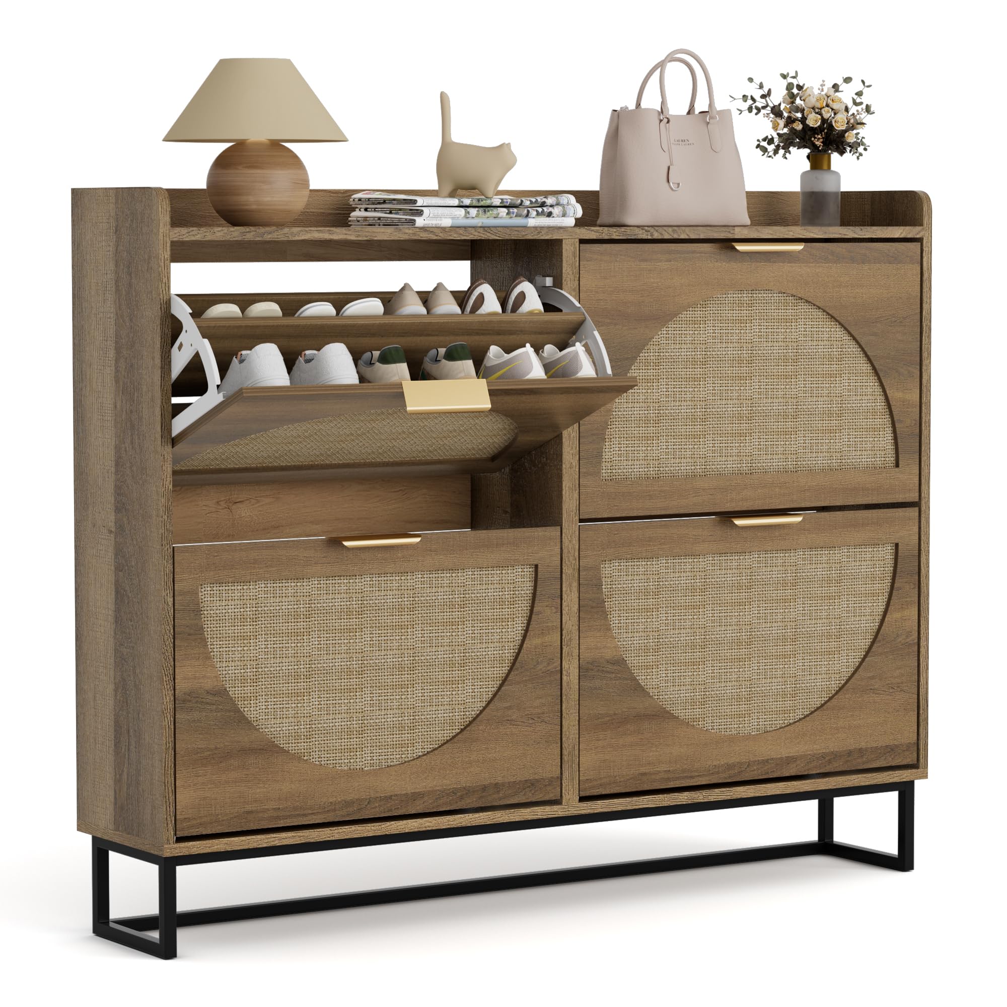 BonVache Zapatero Estrecho con 4 Solapas, Ajustable, de Madera con Almacenamiento para Zapatos, Ideal para Entrada, Salón, Pasillo, 120 x 24 x 95,5 cm, Ratán
