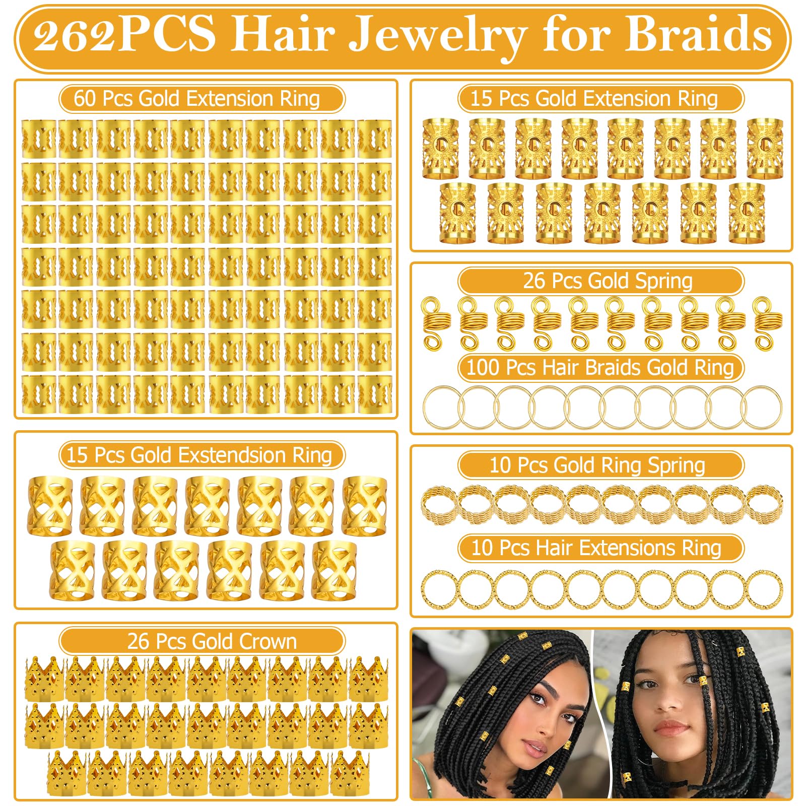 Etercycle 262pcs Hair Jewellery for Braids Gold Dreadlock Beads Locs Accessories Hair Charms Rings for Women Girls Hair Braids Decoration (Gold) - Image 3