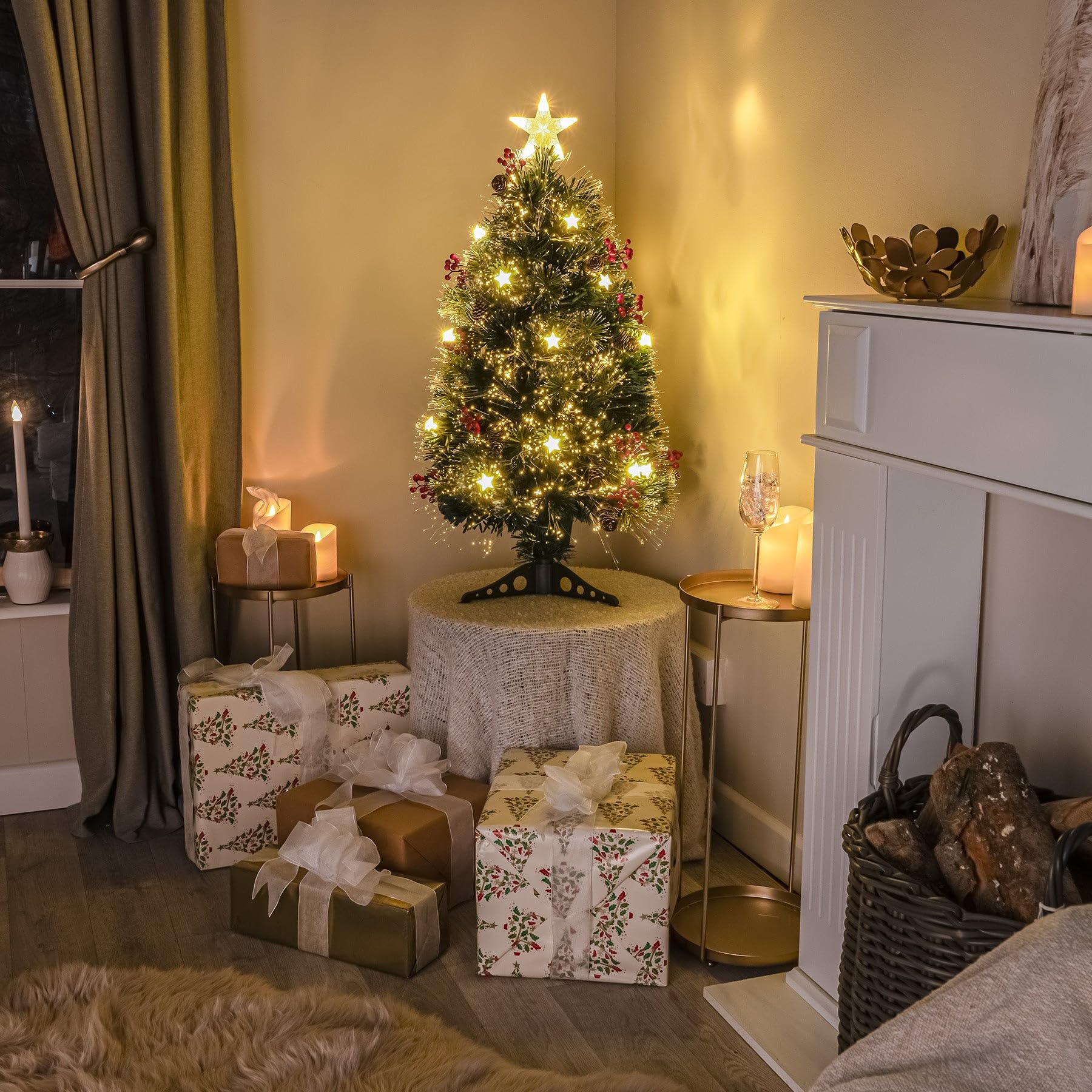 3ft Green Fibre Optic Christmas Tree with Berries, Cones and Warm White LED Stars
