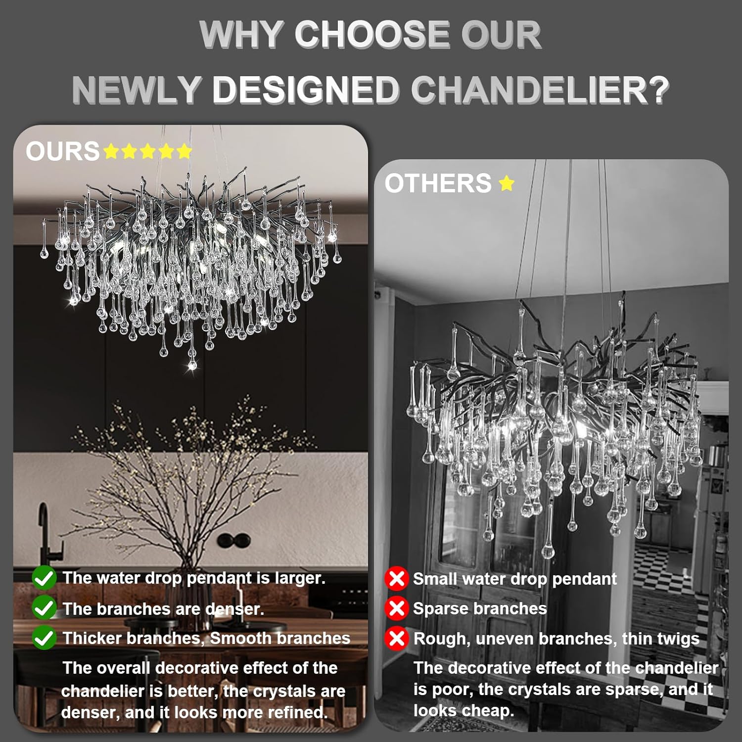 Chandeliers for Dining Room - 23.6" Modern Black Crystal Chandelier, Round Tree Branch Raindrop Chandelier, Foyer Chandeliers for Entryway, Living Room,Bedrooms,Bathroom(Bulb not Included)