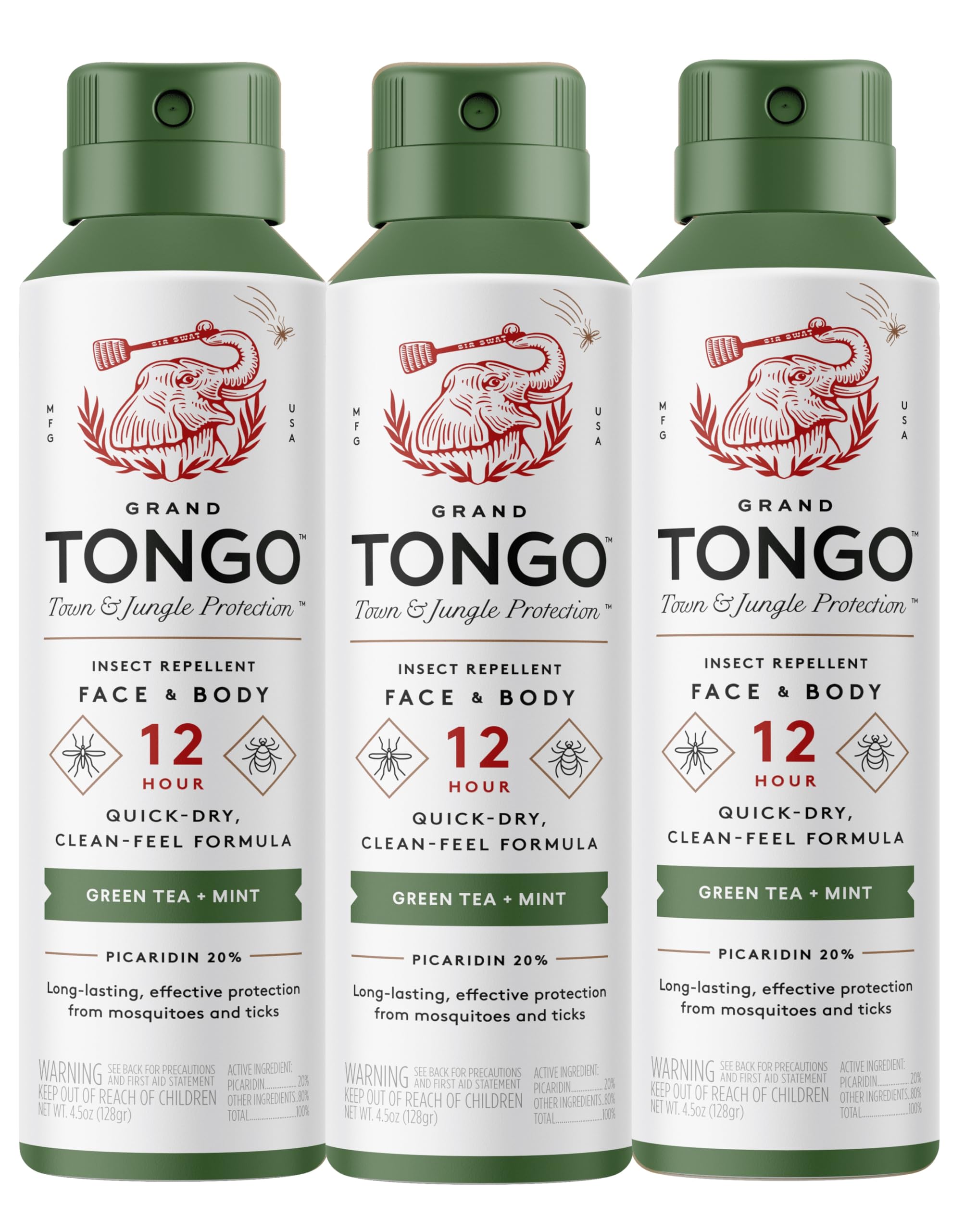 Grand Tongo Green Tea + Mint Insect Repellent, 12-Hour Mosquito & Tick Protection, Picaridin-Based, Water-Based, Lightweight, Quick-Drying, Vanishing Scent, DEET Alternative, Face & Body Use, 3 Pack
