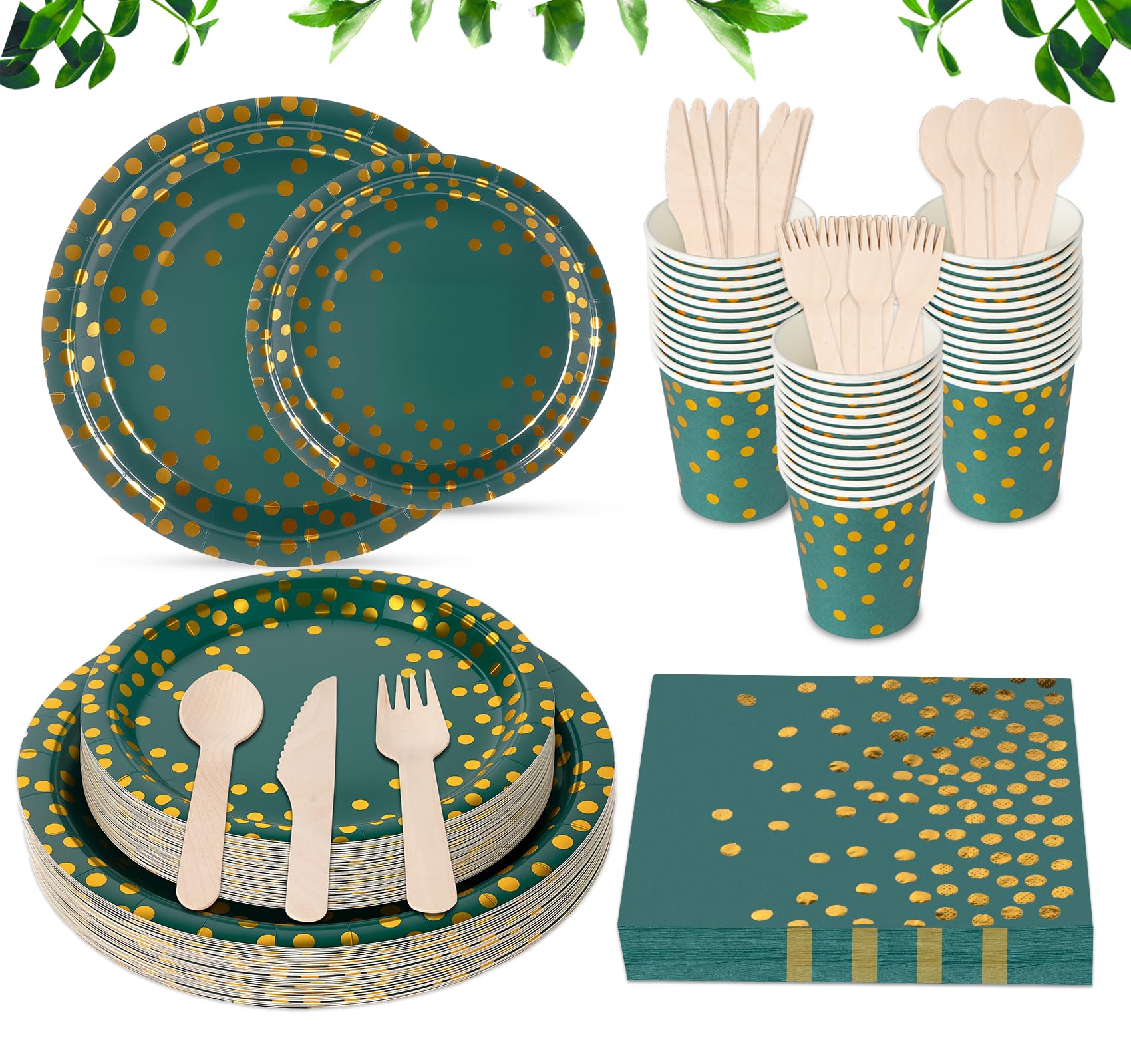 Green Paper Plates for 25 Guests 200 Pcs Party Plates Cups and Napkins — image 1