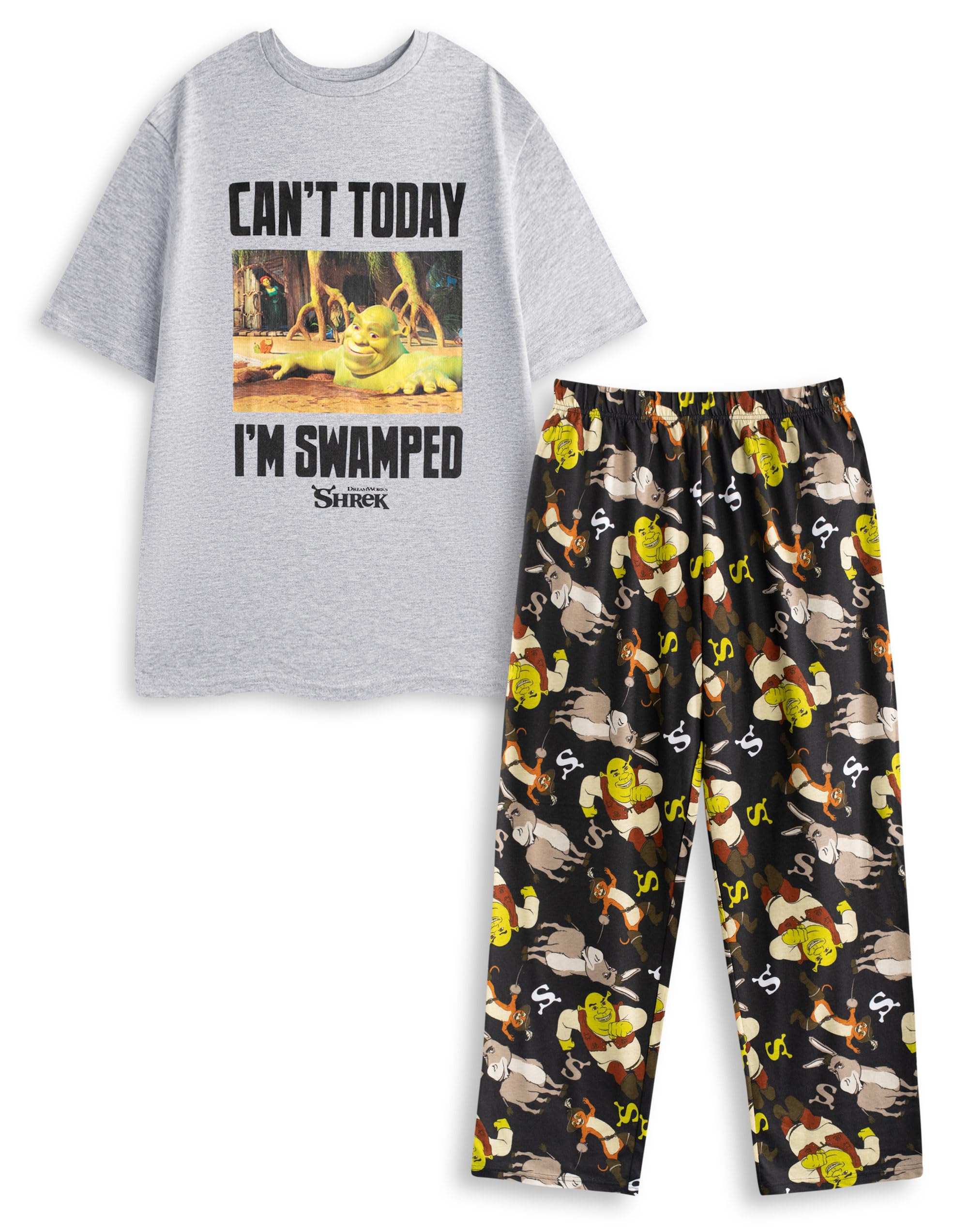 Vanilla Underground Men's Multicoloured Shrek Grey Short Sleeve Long Leg Pyjama Set | Can't Today I'm Swamped Graphic Loungewear | Donkey Character Print Sleepwear - Small