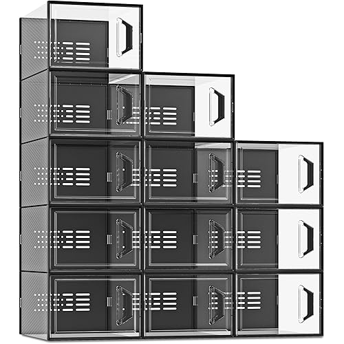 SEE SPRING X-Large Shoe Storage Box Fit Size 11, Clear Plastic Stackable Shoe Organizer for Closet, Space Saving Sneaker Shoe Rack Containers Bins Holders for Entryway, Under Bed, 12 Pack Black