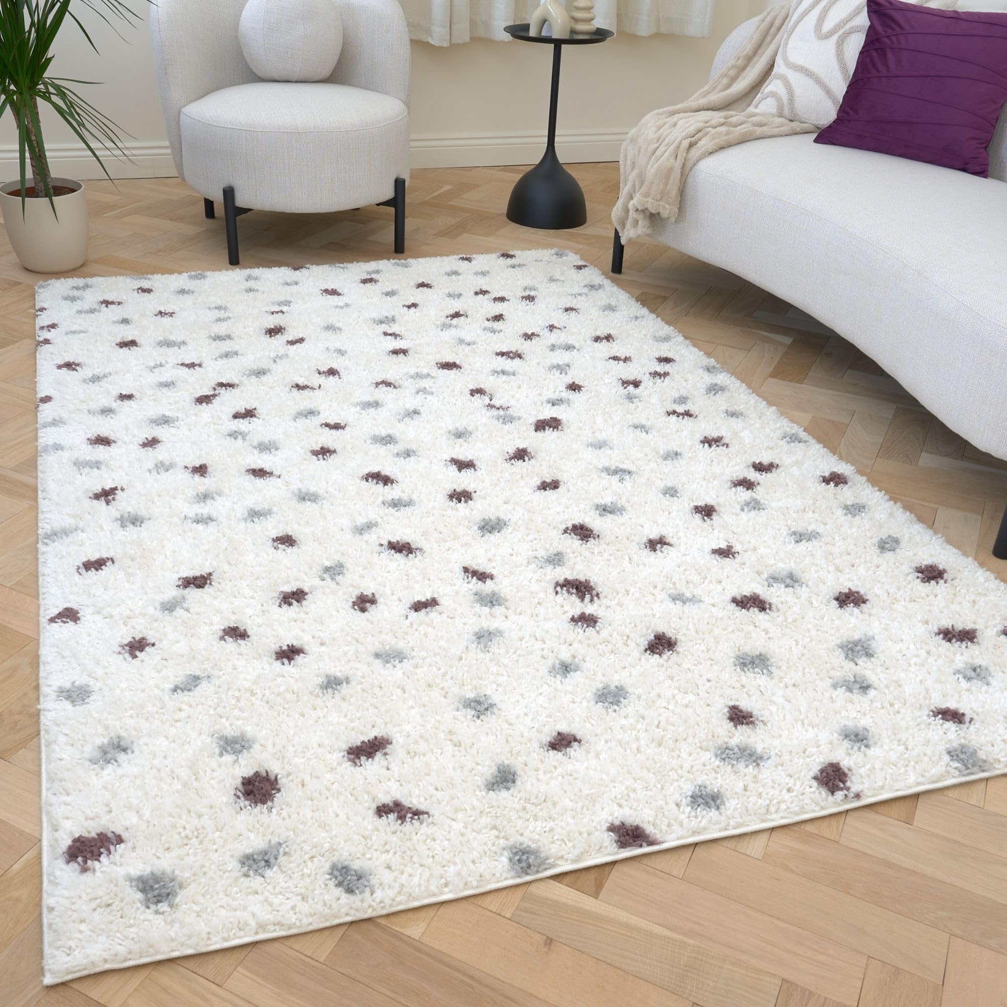 THE RUGS Moodi Spot Design Shaggy Soft High Pile Living Room Rug & Runner in Purple | Size: 200cm x 290cm