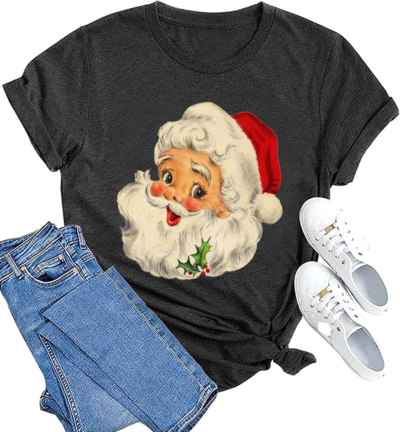 RFBIQISanta Claus Christmas T-Shirt for Women Vintage Christmas Graphic Shirts Funny Xmas Gift Top Casual Retro Holiday Tees