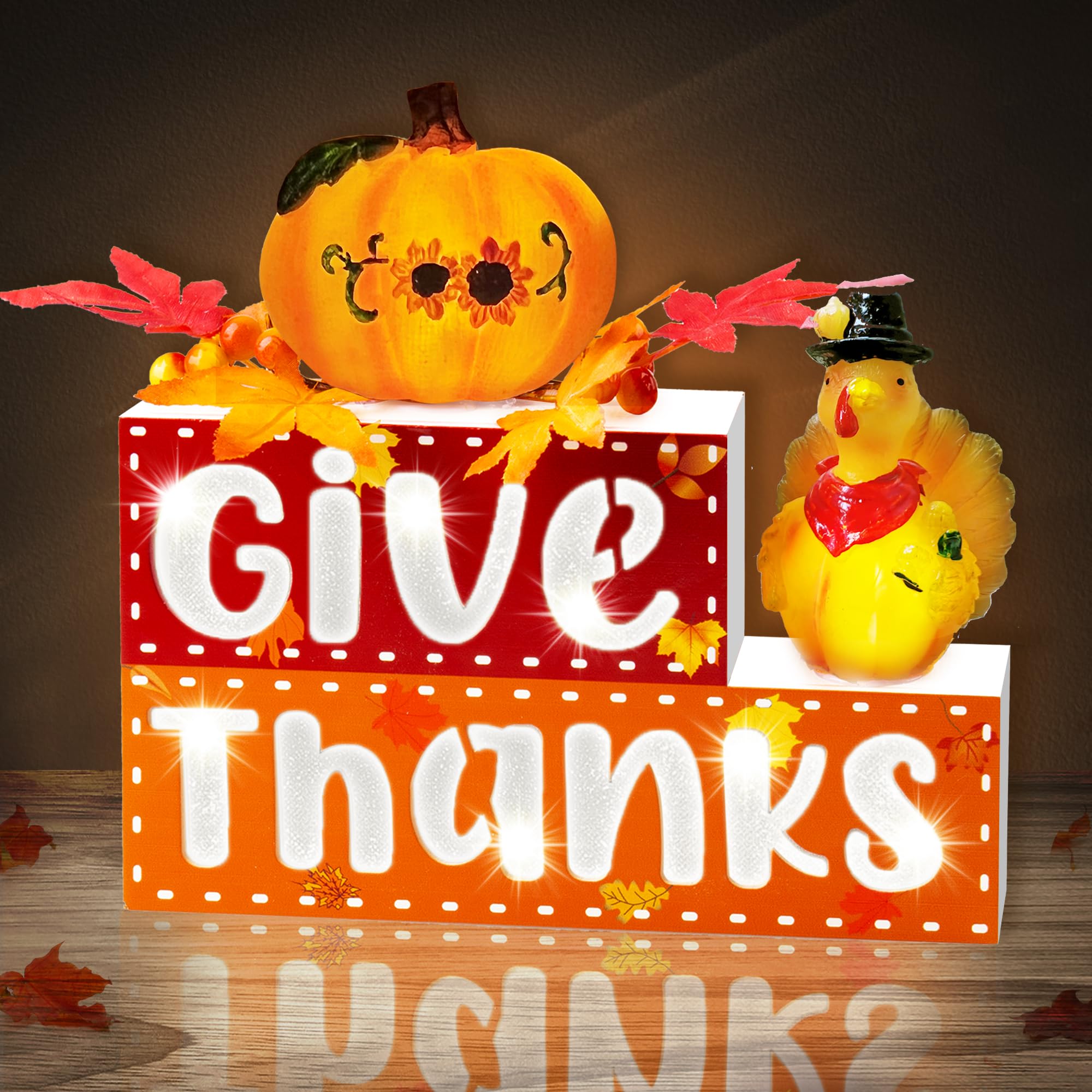 BlcTec Fall Decorations for Home, Lighted Thanksgiving Wood Block Sign with 3D Letters, Pumpkin, Turkey, Maples, Fruit, Timer, Battery Operated Thanksgiving Sign for Table, Mantle, Shelf, Fall Décor