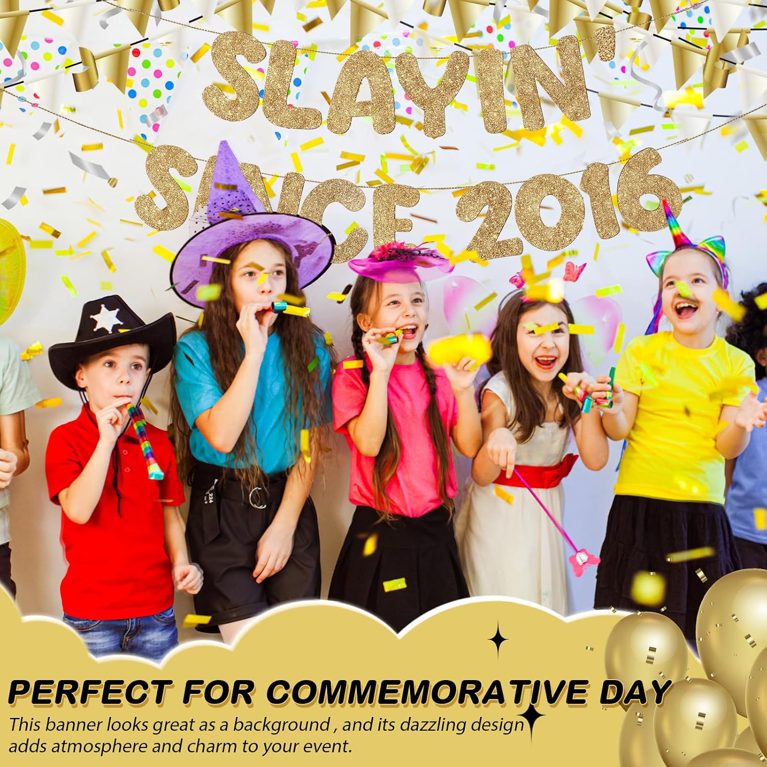 Fulmoon Pre Strung Slayin' Since 2016 Banner Glitter Happy 10th Birthday Banner Funny Decorations No DIY Happy 10th Birthday Sign Decorations, Party Supplies, Ideas Gifts(Champagne Gold)