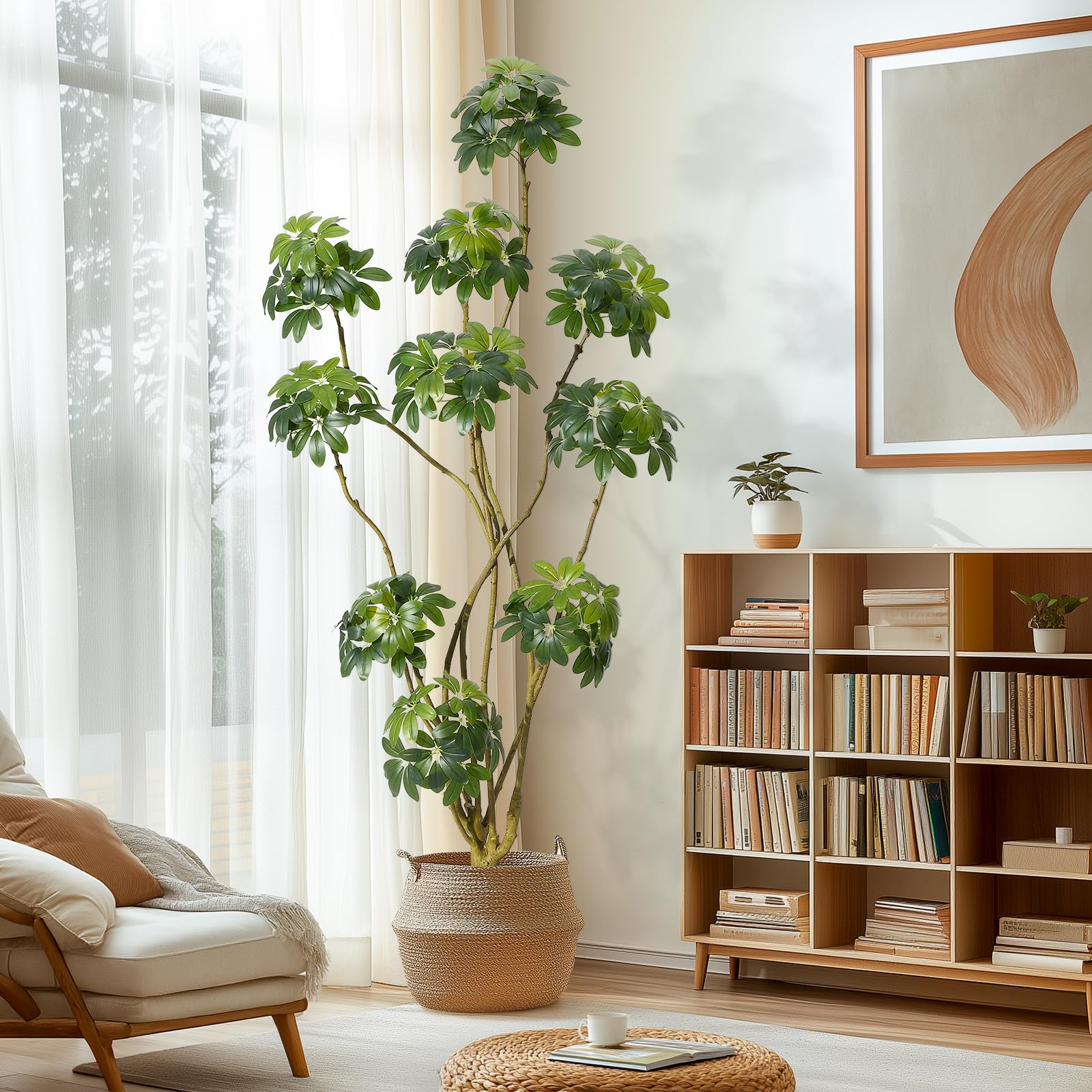 Garvee Künstlicher Schirm Scheffler Baum 210 cm, Künstliche Pflanzen Groß wie echt mit Stamm aus Naturholz, Kunstbaum Groß für Wohnzimmer, Schlafzimmer, Büro, Garten