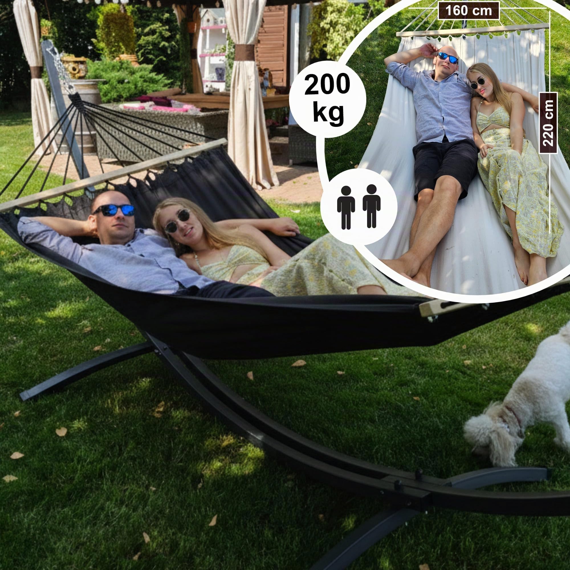 Potenza Hamaca con Soporte Incluido en Jardin, de Tela Multicolor, para 2 Personas Doble I Grande Soporte Capacidad de 220 Kg I Hamaca con Barra 220x160 cm (Negro, Básico Soporte Grafito)
