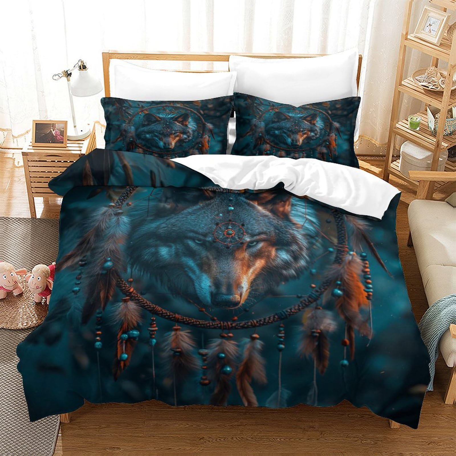 P1S9U7W5Y Dreamcatcher Wolf 3D Printed Microfiber Duvet Cover Set 3 Pieces Animal Design Bedding Set for Adult Bedroom Decor Double（200x200cm）